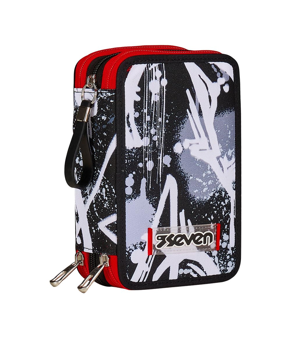 Seven Pencil Case 3 Compartments, Black, Triple Compartment, Complete with Pencils, Markers, Colours, Backpack Accessories, Elementary, Medium, Superior, Child and Boy, Black, Taglia Unica, School