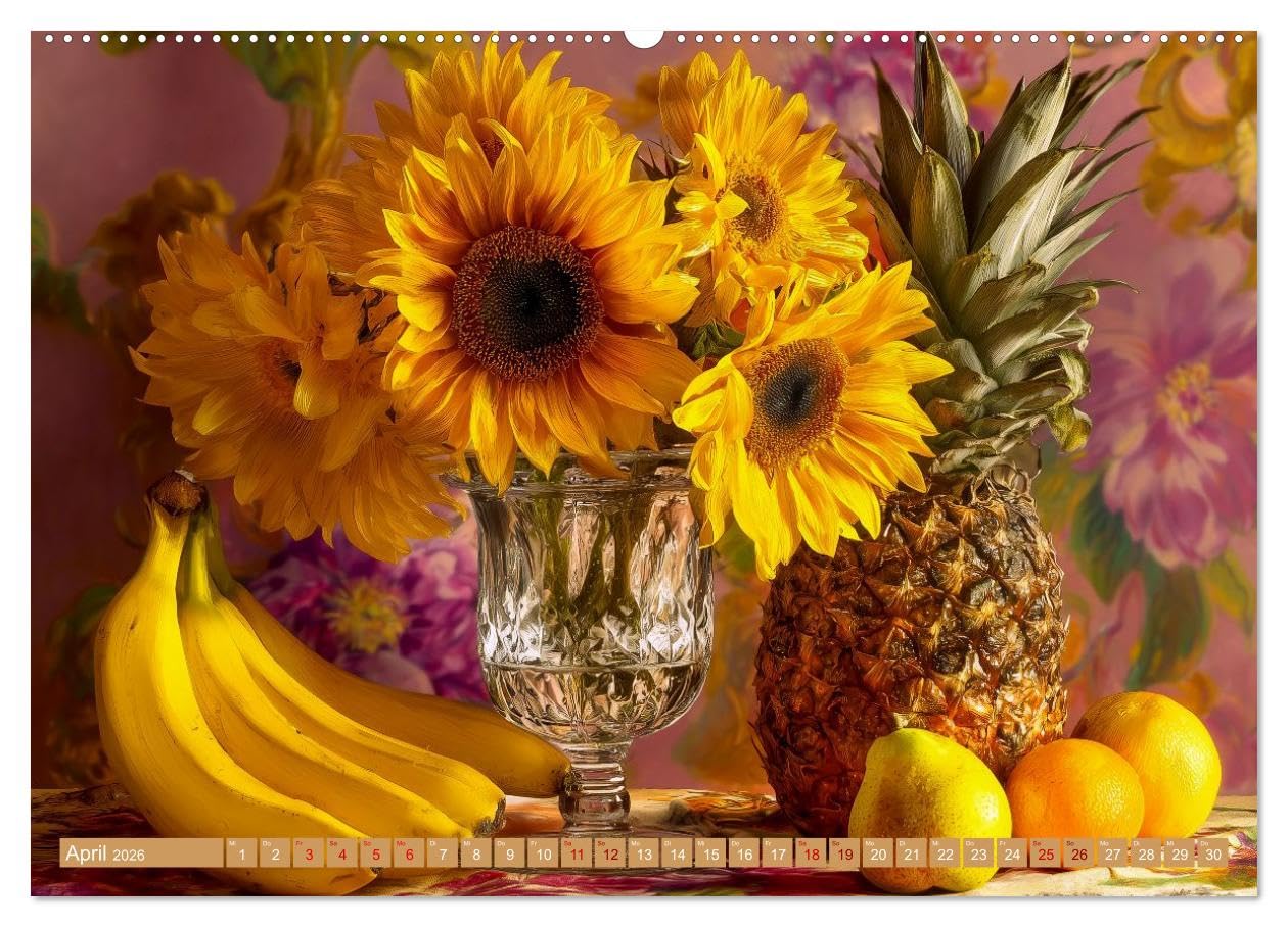 Bloom und Bite. KI mixt Blumen, Obst und Gemüse (hochwertiger Premium Wandkalender 2026 DIN A2 quer), Kunstdruck in Hochglanz: Künstliche Intelligenz ... und digitaler Kreativität. (CALVENDO Kunst)