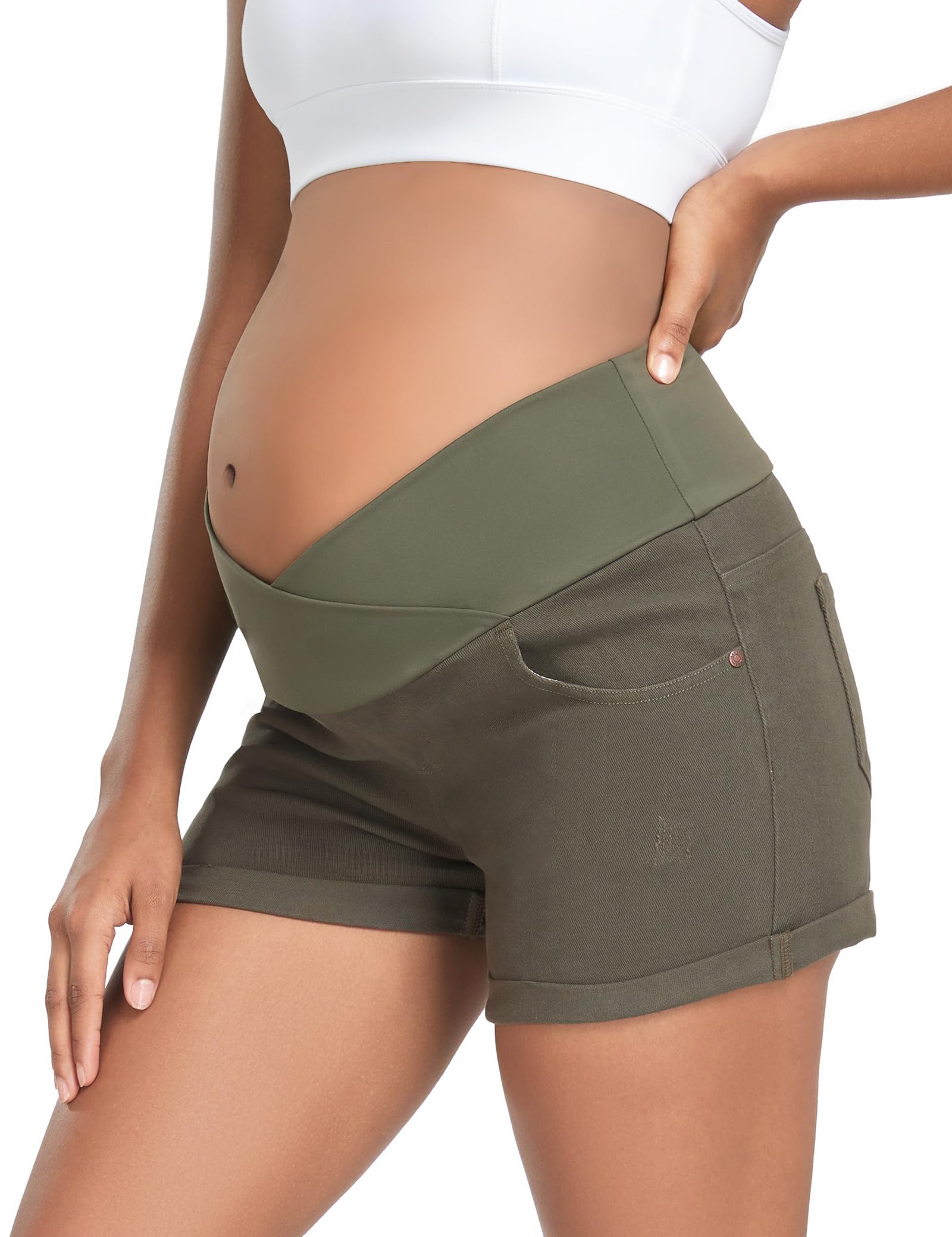 HOFISH Womens Maternity Jeans Shorts Over The Belly Stretchy Comfy Denim Pants Casual Workout Pregnancy Shorts