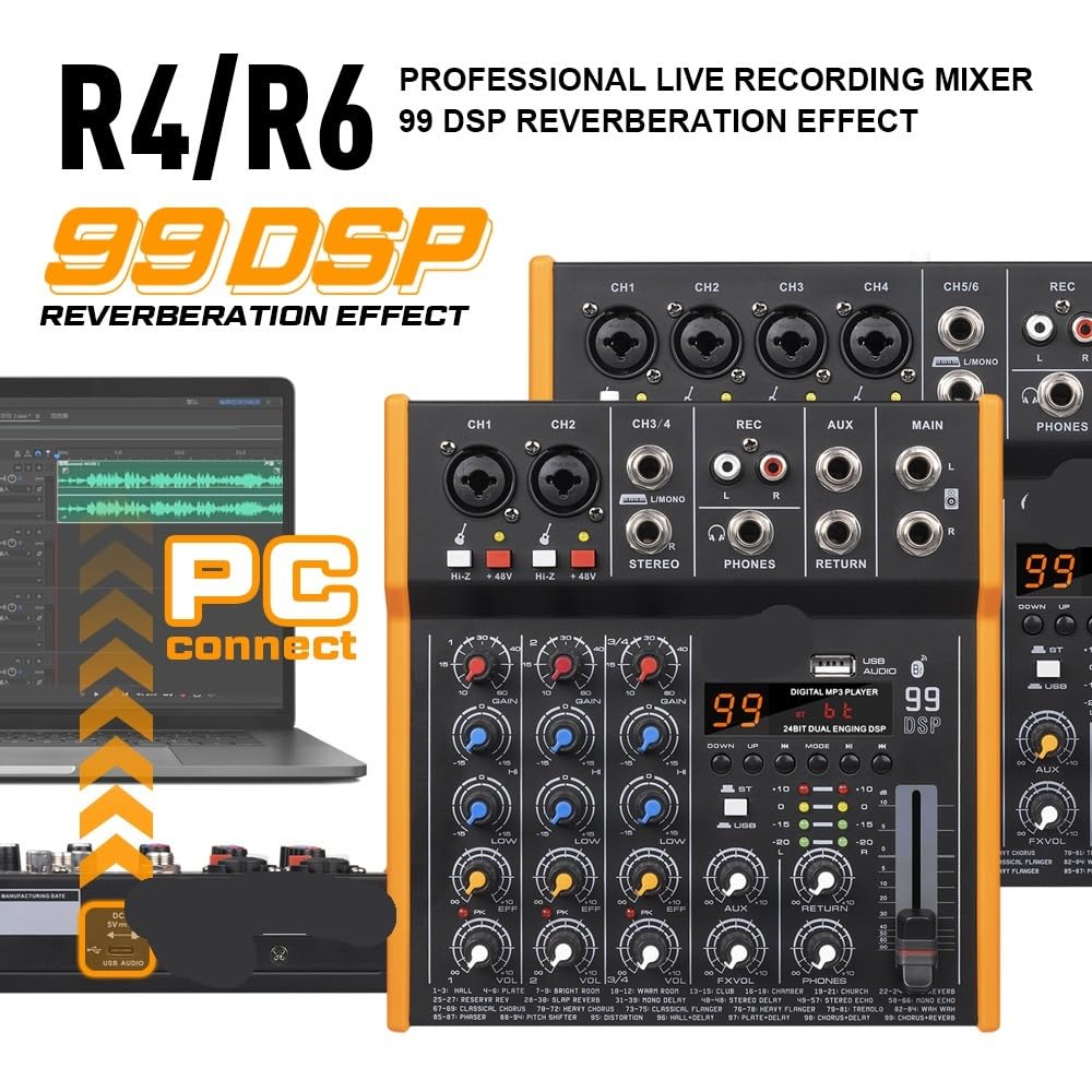Mixer Audio, Mixer multiaudio a 6 canali R6/R4, scheda audio stereo Bluetooth 5.0 99DSP, uscita, ​​mm TypeC(R4)