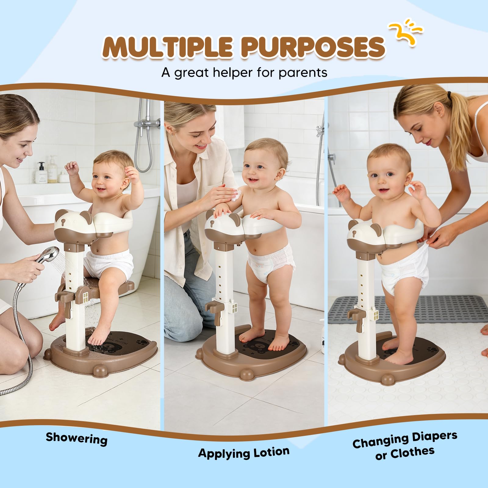 Soporte Ducha Bebé Regulable 6-36 Meses con Asiento Desmontable | Soporte de baño bebé sin BPA con base antideslizante, soporte para ducha y 8 alturas ajustables para baño y cambio