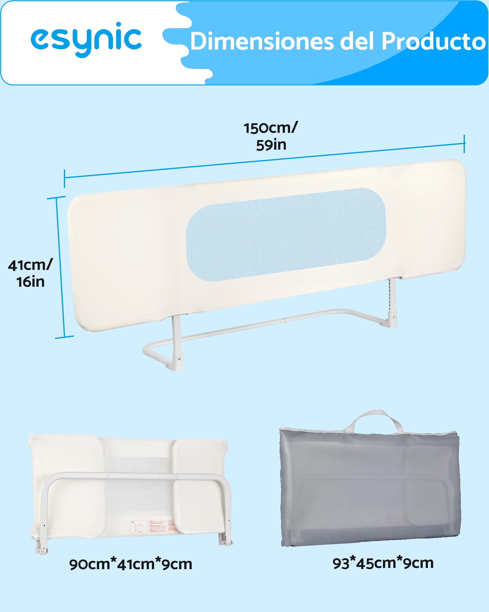 eSynic Barandilla Cama Infantil Plegable 150cm Ajustable en Altura Barrera de Cama para Niños y Bebés Protector de Seguridad Compatible con Camas Individuales Dobles y Grandes Ideal para Viaje y Hotel
