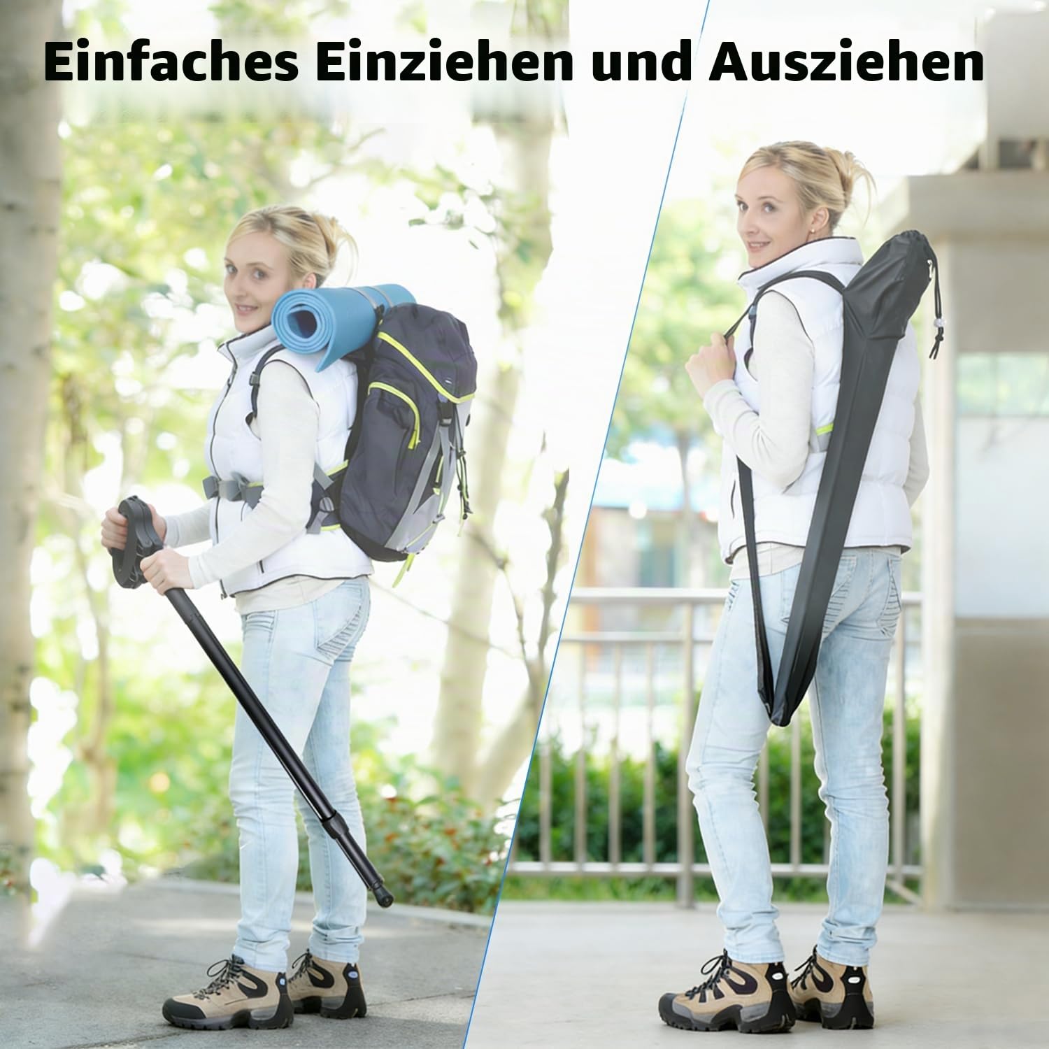 Höhenverstellbarer Gehstock mit Sitz, Tragbarer Aluminium Gehstock Klappbar mit Rucksack-Aufbewahrungstasche,Dreieckiger Matte und Einbeiniger Matte,Geeignet für Erwachsene & Senioren Outdoor Reisen