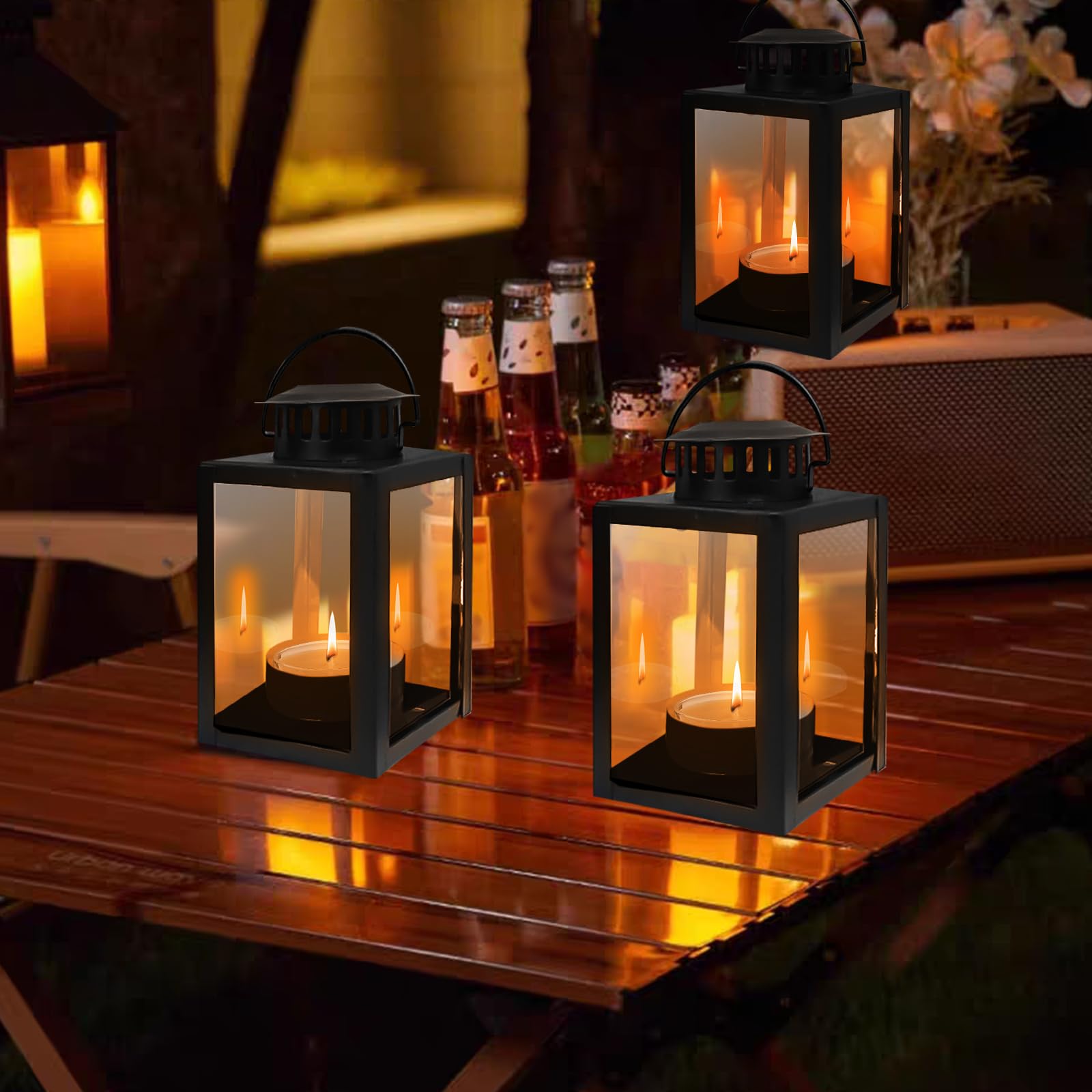 4 lanterne per esterni, 6 x 10,1 cm, lanterne per candele, lanterne da giardino, lanterne da giardino per portacandele, piccola lanterna in metallo per tavolo da caffè, caminetto (nero)
