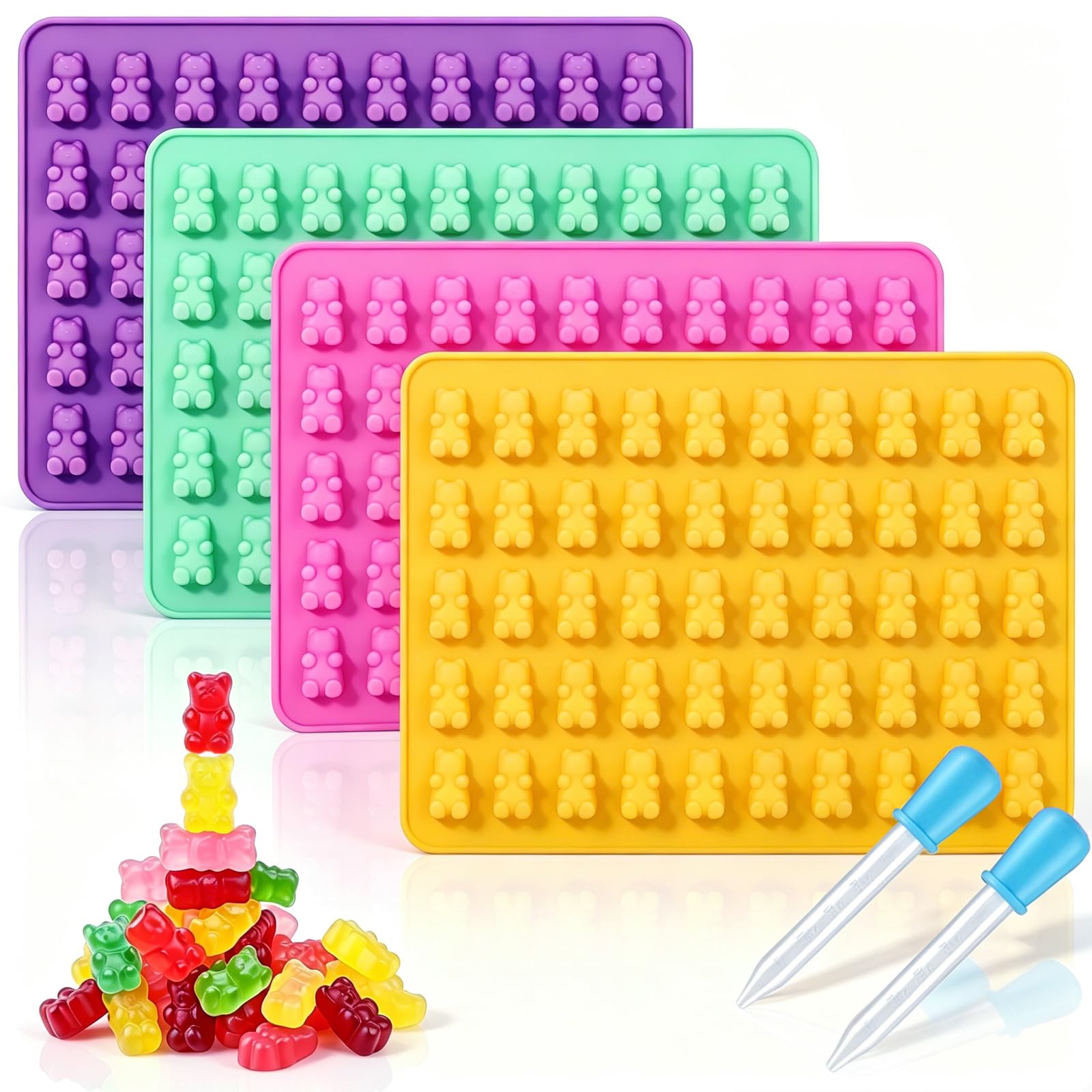 Gummy Molds Gummy Bear Mold - Mini Size Chocolate Candy Molds with 2 Droppers Nonstick Food Grade Silicone Molds Pack of 4