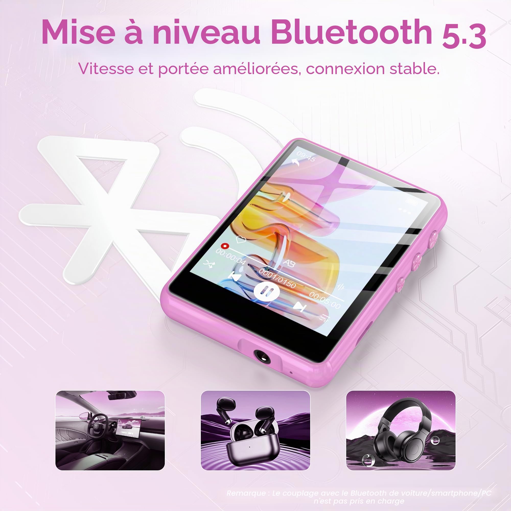 SWOFY Lecteur de Musique HiFi Portable 2,4 Pouces Bluetooth 5.4, Radio FM, Haut-Parleur HD, Livre électronique, enregistreur Vocal, Lecteur numérique, écouteurs Inclus（Rose）