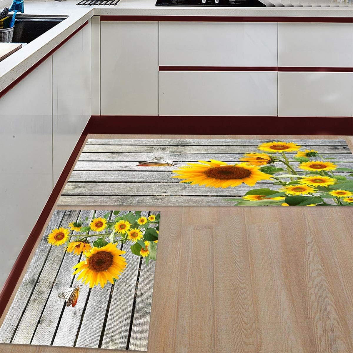 WSHINE 2 Piece Kitchen Mat Non-Slip Floor Mat Bathroom Area Rugs Doormat Runner Rug Set Kitchen Carpet, Sunflowers Wooden Board