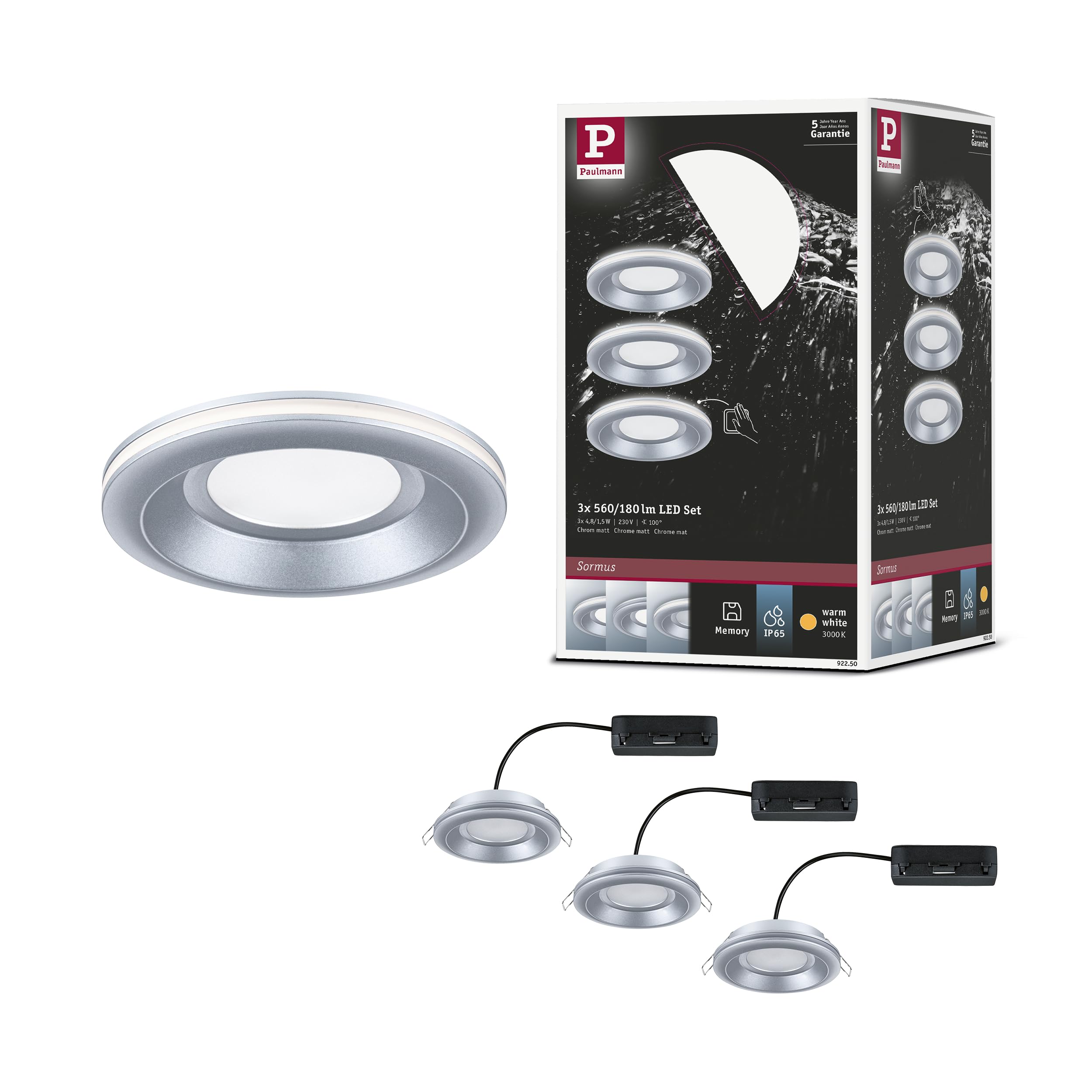 Paulmann 92250 LED Recessed luminaire Sormus IP65 Round 100mm 3x4,8/1,5W 560lm / 180lm 230V 3000K Chrome matt