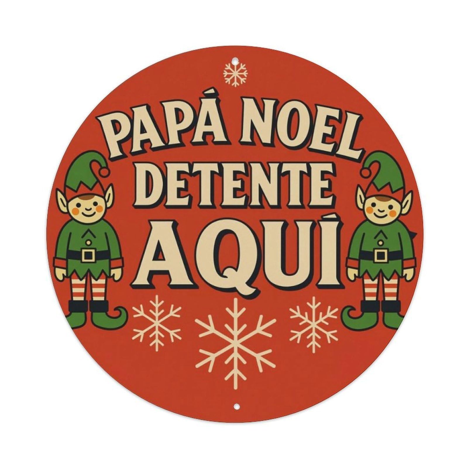 Red Christmas Elf Spanish Santa Stop Here Round Sign Vintage Aluminium Metal Sign, Retro Wall Decor for Home, Bar, Garage & Farmhouse 20x20cm