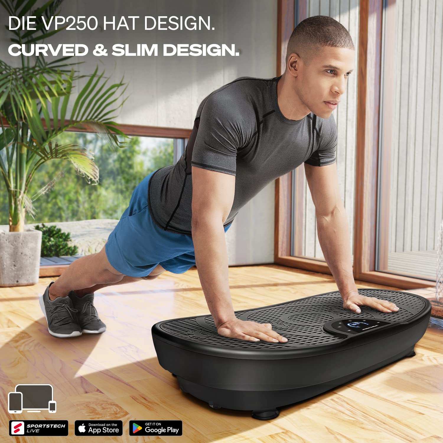 Sportstech VP250 Vibrationsplatte für Zuhause, Rüttelplatte für Frauen & Männer, Lymphdrainage, Fettverbrennung & Muskelaufbau, Ganzkörpertraining, leiser Motor, 200 W, 180 Stufen, Bluetooth