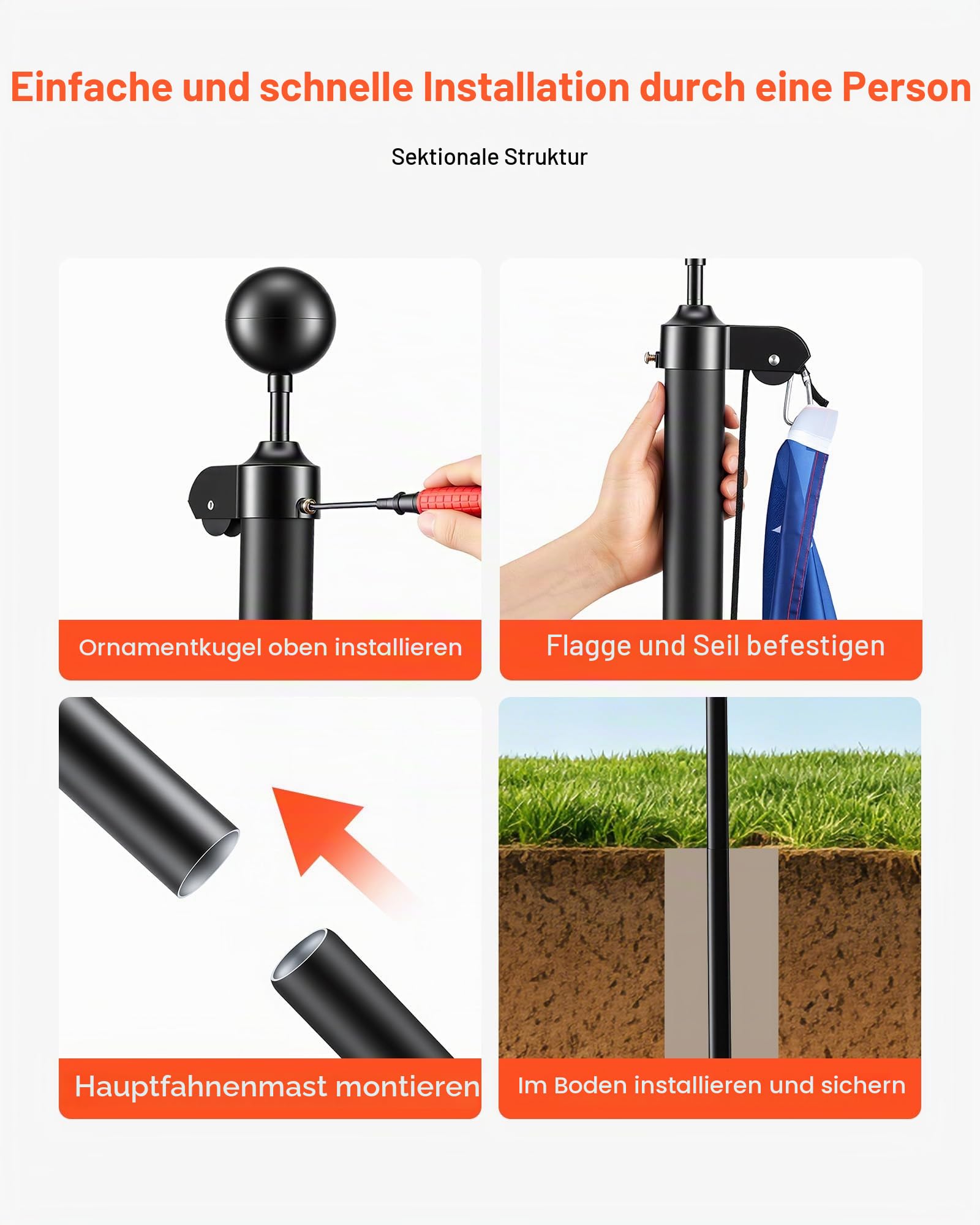 VEVOR Fahnenmast 9,14 m, Mehrteiliges Flaggenmast-Set für den Außenbereich, Extra Dicke Aluminium-Fahnenstange mit PVC-Bodenhülse, Ideal für Garten, Private & Gewerbliche Nutzung, Schwarz