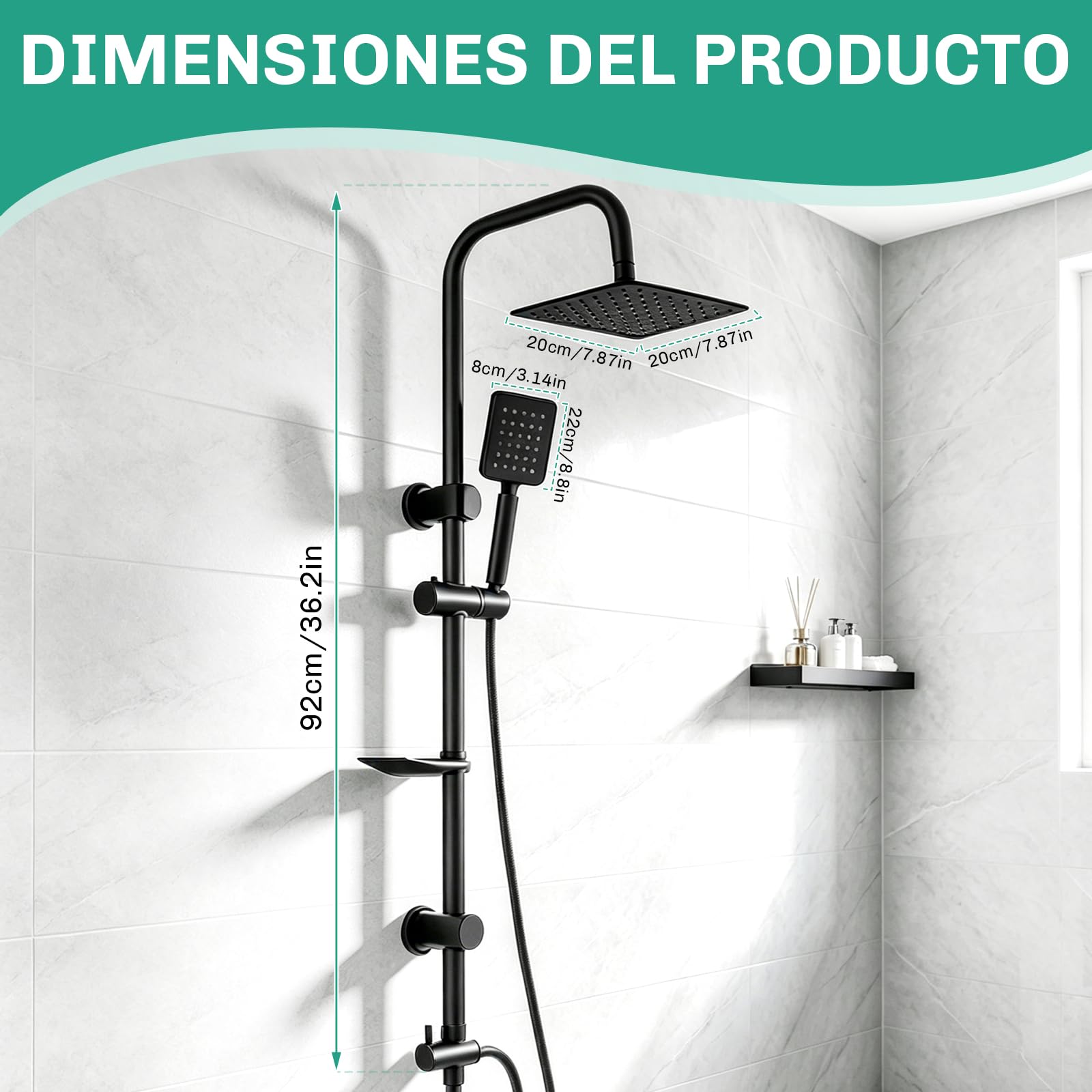 Columna Ducha Senza Miscelatore, Columna Ducha Completo con Rociador Ducha 20×20 cm Cuadrado y Ducha de Mano y Manguera, Regulable 92cm, Acero Inox, Negro