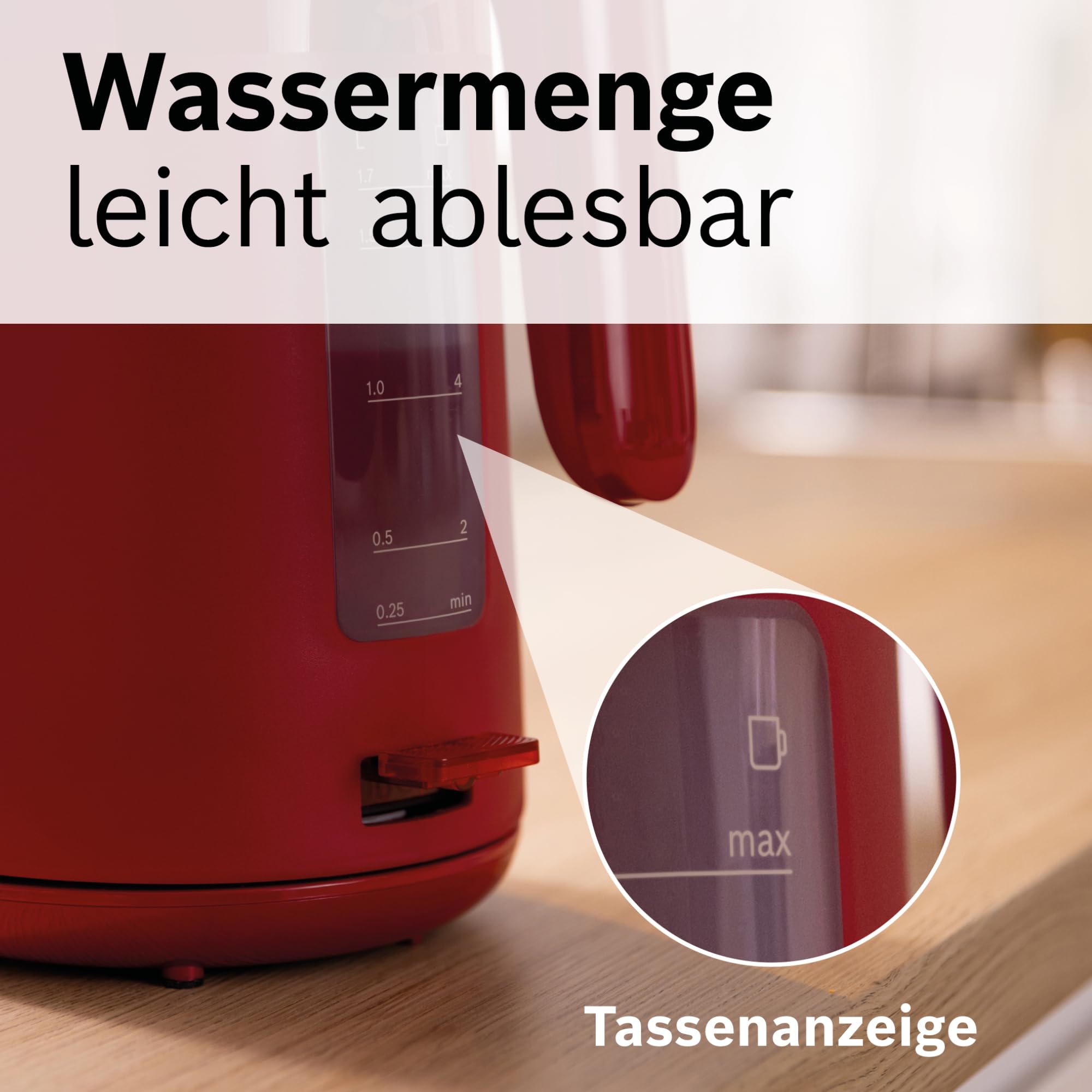 Bosch kabelloser Wasserkocher MyMoment TWK2M164, Abschaltautomatik, Überhitzungsschutz, Tassenanzeige, entnehmbarer Kalkfilter, Trockengehschutz, Dampfstopp-Automatik, 1,7 L, 2400 W, Rot matt