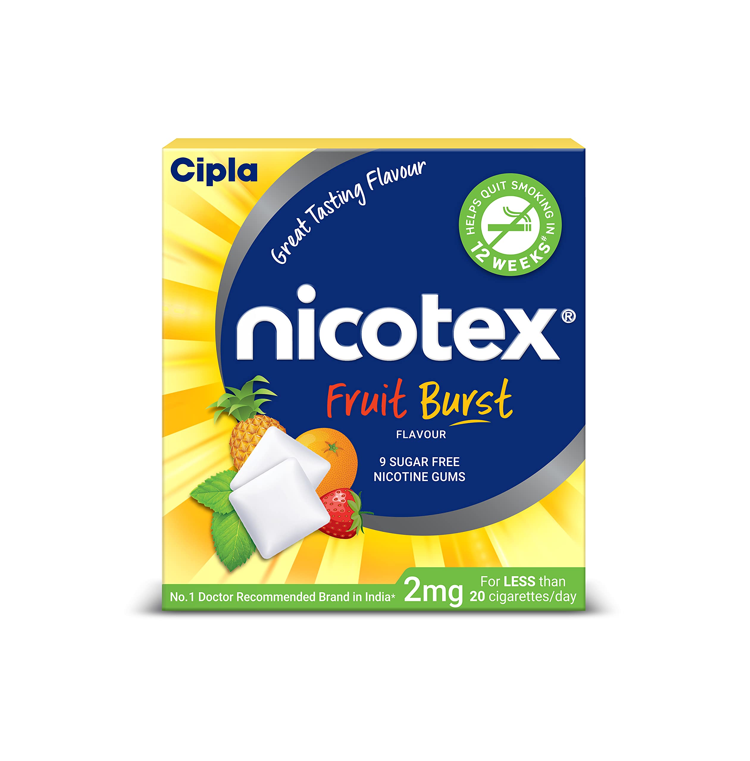 CiplaNicotex Nicotine Sugar Free Gums 2mg | Helps to Quit Smoking | WHO - approved Therapy | 9 Gums each pack | Pack of 4 (Fruit Burst)