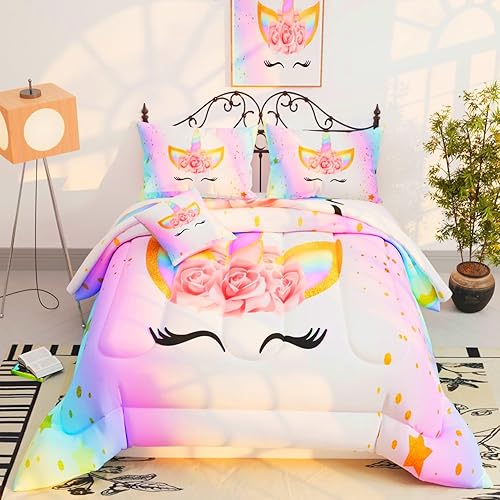 Juego de edredón de unicornio de 6 piezas, patrón de unicornio rosa 3D, juegos de ropa de cama decorativos de 6 piezas con edredón, sábana encimera,