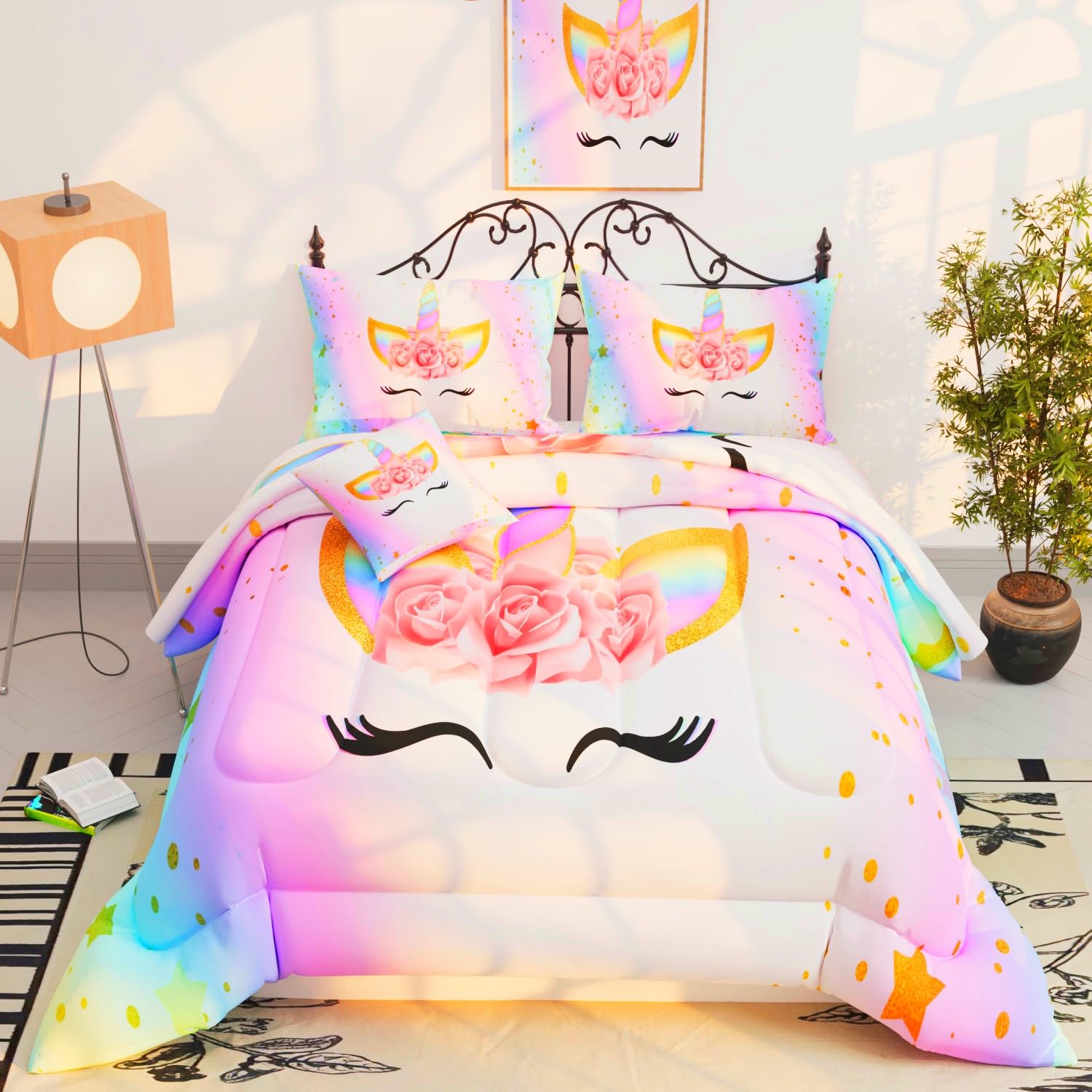Namoxpa 6 Pieces Unicorn Comforter Sets,3D Pink Unicorn Pattern,Decorative 6 Piece Bedding Sets with Comforter,Flat Sheet,Fitted Sheet,Throw Pillow