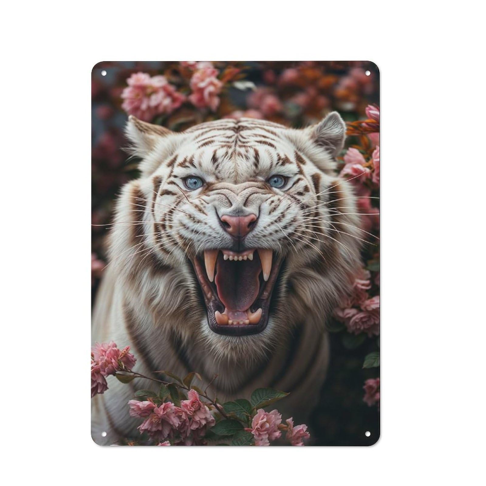 Vintage White Tiger Roaring Metal Wall Sign 40x30cm, Shed Wall Plaque for Garage, Workshop, Shed Or Utility Room