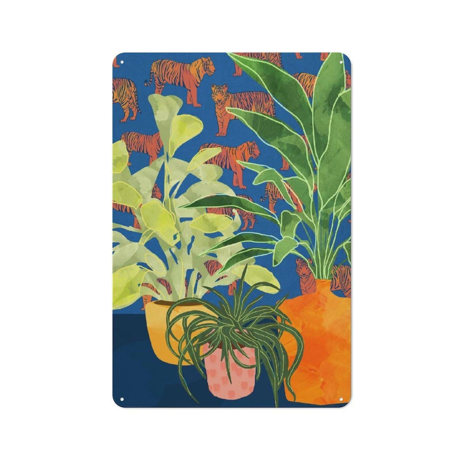 Junmoney Style-9 Plant Tiger Abstract Rustic Metal Plaque 30X20cm For Café Or Restaurant, Wall Decor For People Reorganising Café And Restaurant