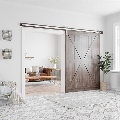 Miniatura 9 de SMARTSTANDARD Kit de herrajes para puerta de granero de níquel cepillado de 7 pies, pista deslizante resistente, suave y silenciosa, fácil de