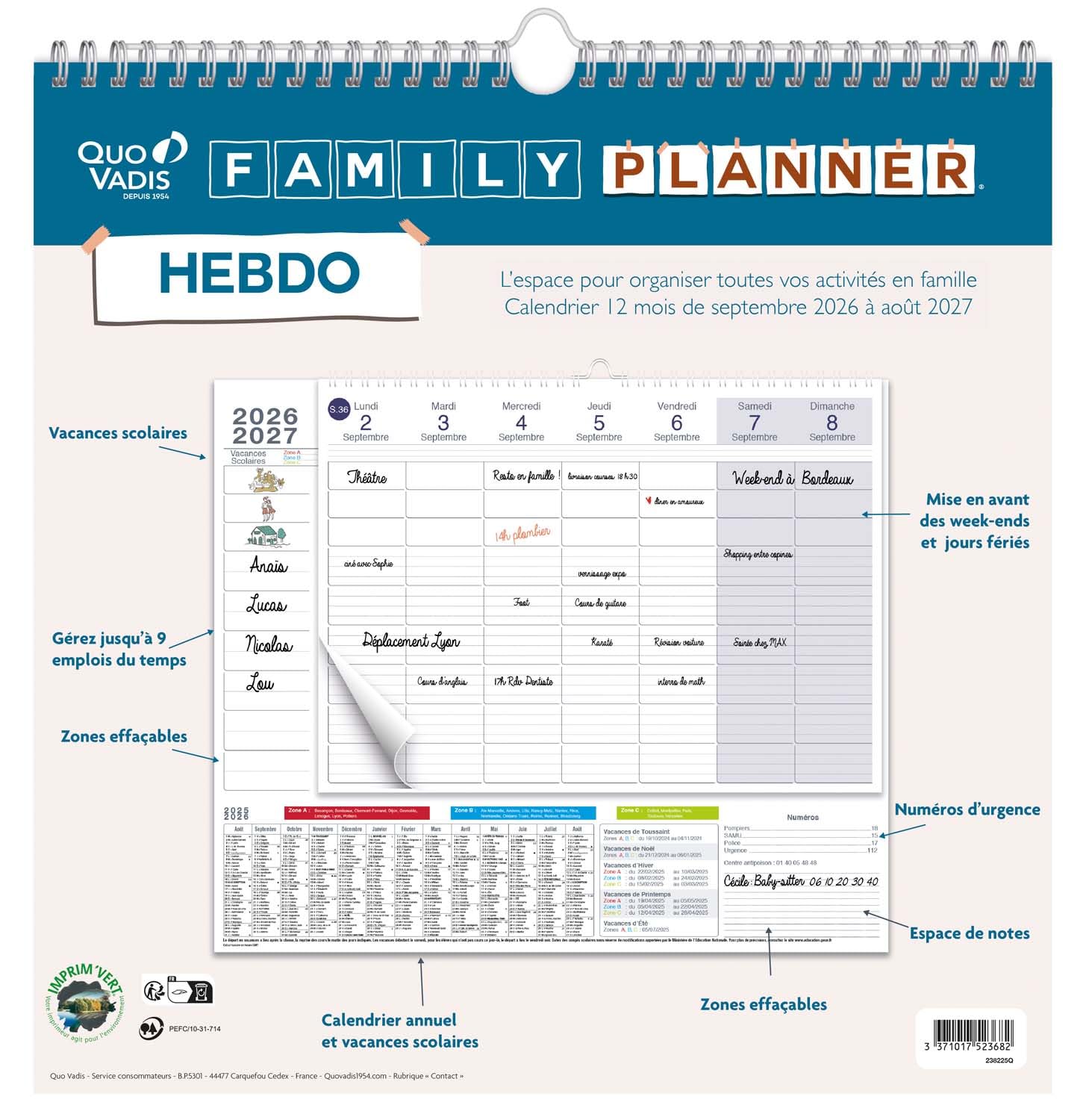 QUO VADIS Calendrier Family Planner Hebdo 30 x 30 cm Septembre 2026 à Août 2027