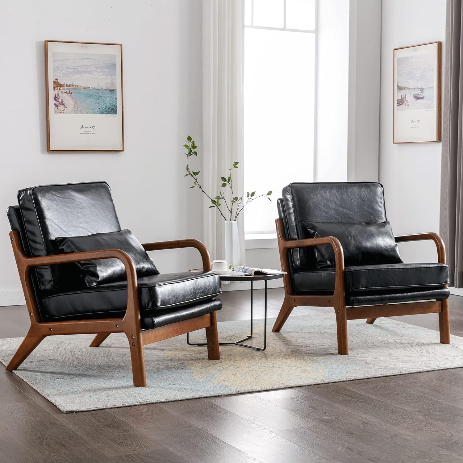 Mid Century Modern Accent Chairs Set of 2 Living Room Comfy Wood Arm Chair with
