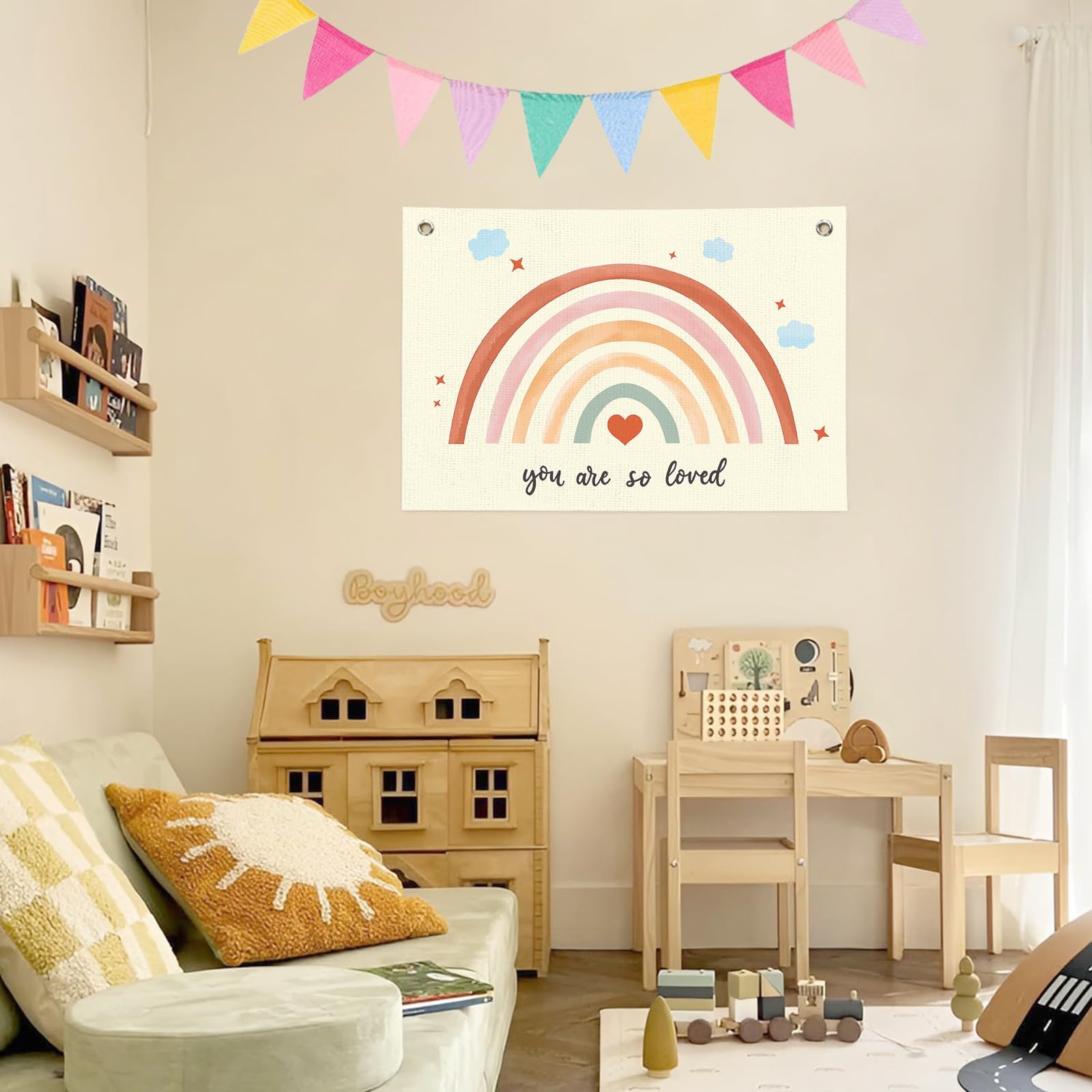 BOQTMK Rainbow Wall Decor Set, Rainbow Heart and Stars Linen Banner 30x20 In +Colorful Triangle Flag 4m 12Pcs Linen Decor, Boho Banner Wall Hanging Decor for Girls Baby Kids Bedroom Nursery Playroom
