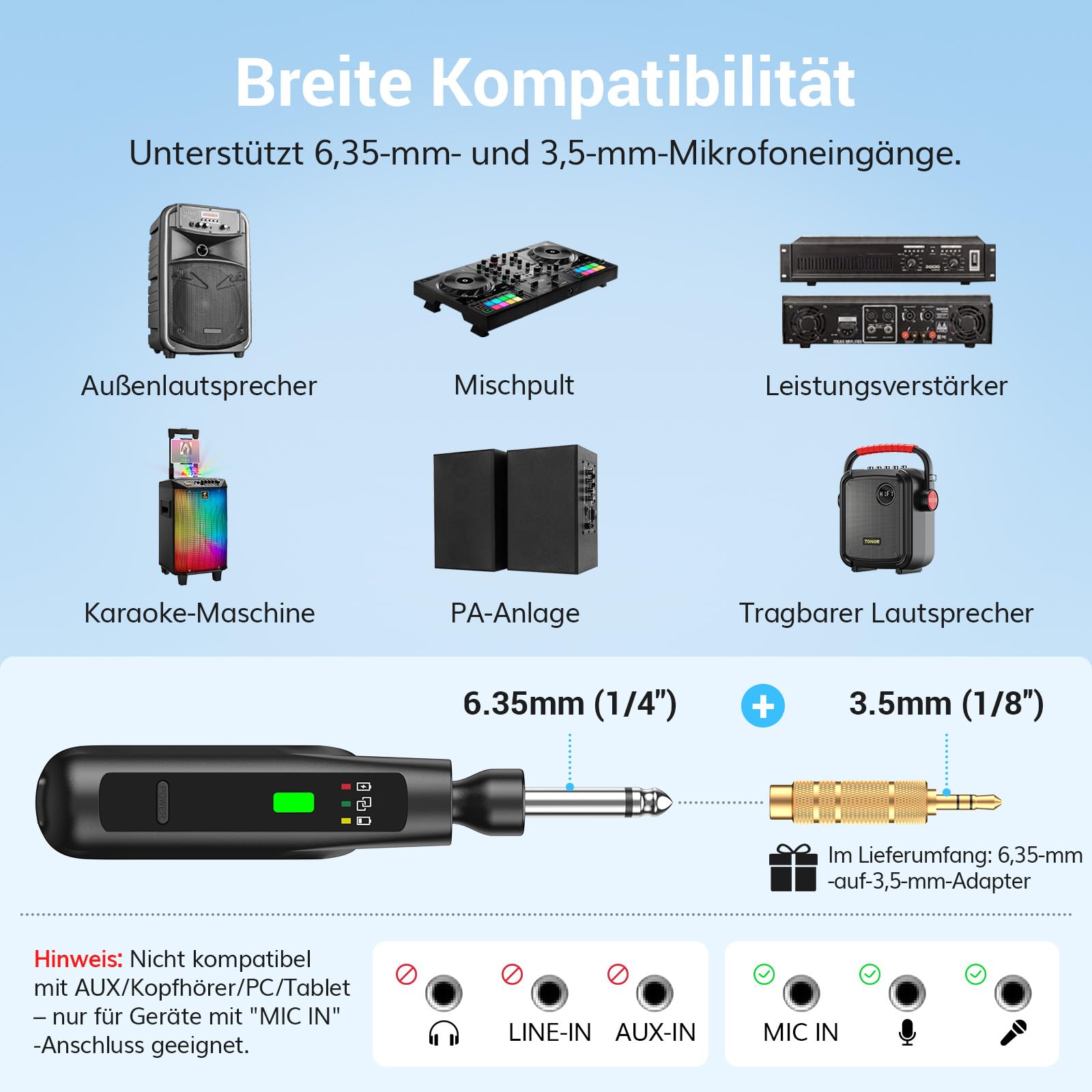 TONOR 2.4G Dual-Mikrofon Kabellos, wiederaufladbares Funkmikrofon Set mit 6,35/3,5 mm Empfänger, 15 m Reichweite Kabelloses Mikrofon für Gesang, Hauspartys, Geburtstage, TW-220