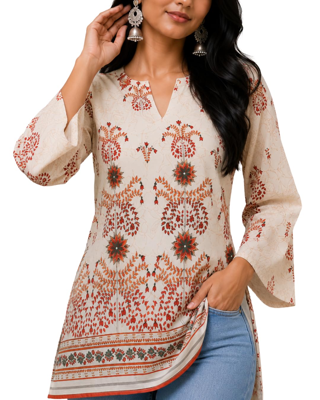 Women's Pure Cotton Mughal Floral Printed Long Tunic | Notch Neck | Tassel Detail | Flared Bell Sleeves |-image-31