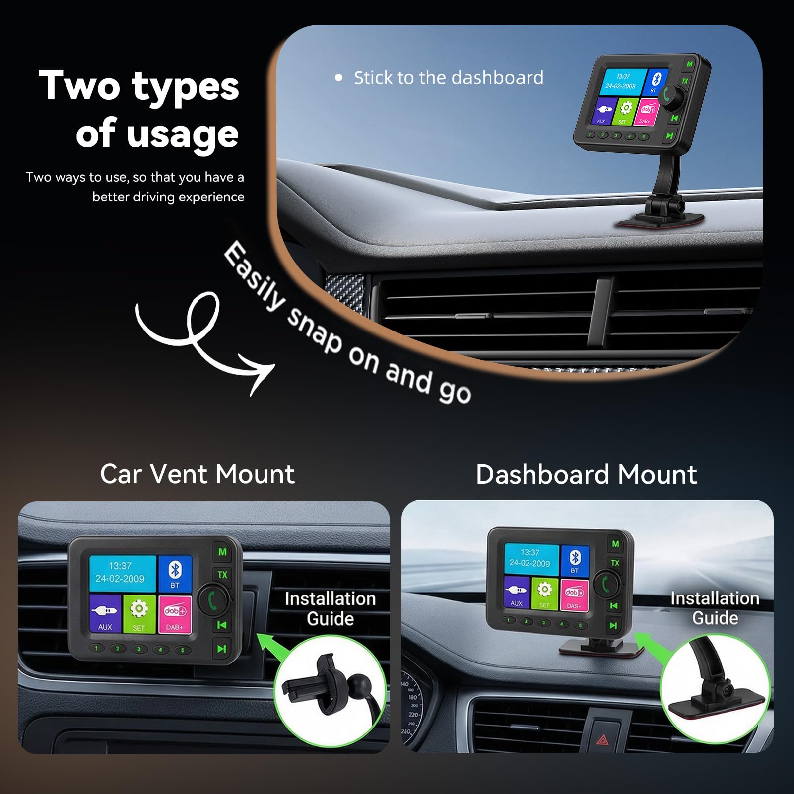 Adattatore DAB DAB+ per autoradio con Bluetooth, trasmettitore FM | Adattatore DAB Plus per auto, ingresso e uscita AUX, antenna ad alta sensibilità, chiamate in vivavoce, display da 2,8"