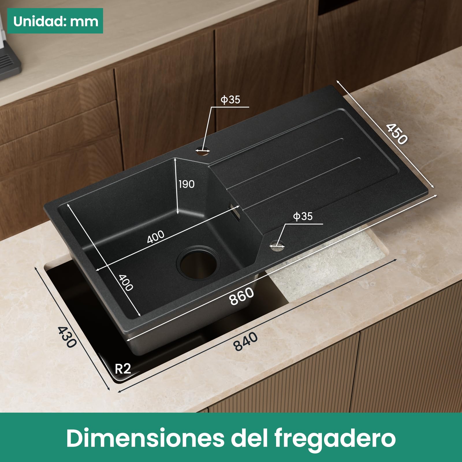 Fregadero ANYCEE Negro 86 por 45 Escurridor Set Mueble 50 cm Grifo Extensible Ducha