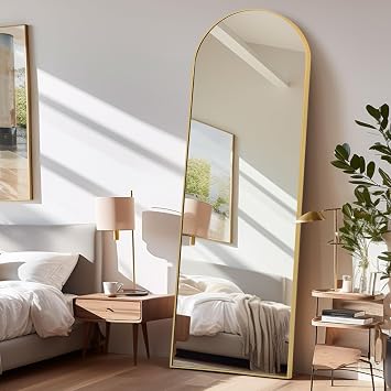 Full Length Mirrors Free Standing Floor Mirror Full Body Wall Mirror for Bedroom Living Room and Entrance, Arch Gold Frame, 147x44 CM