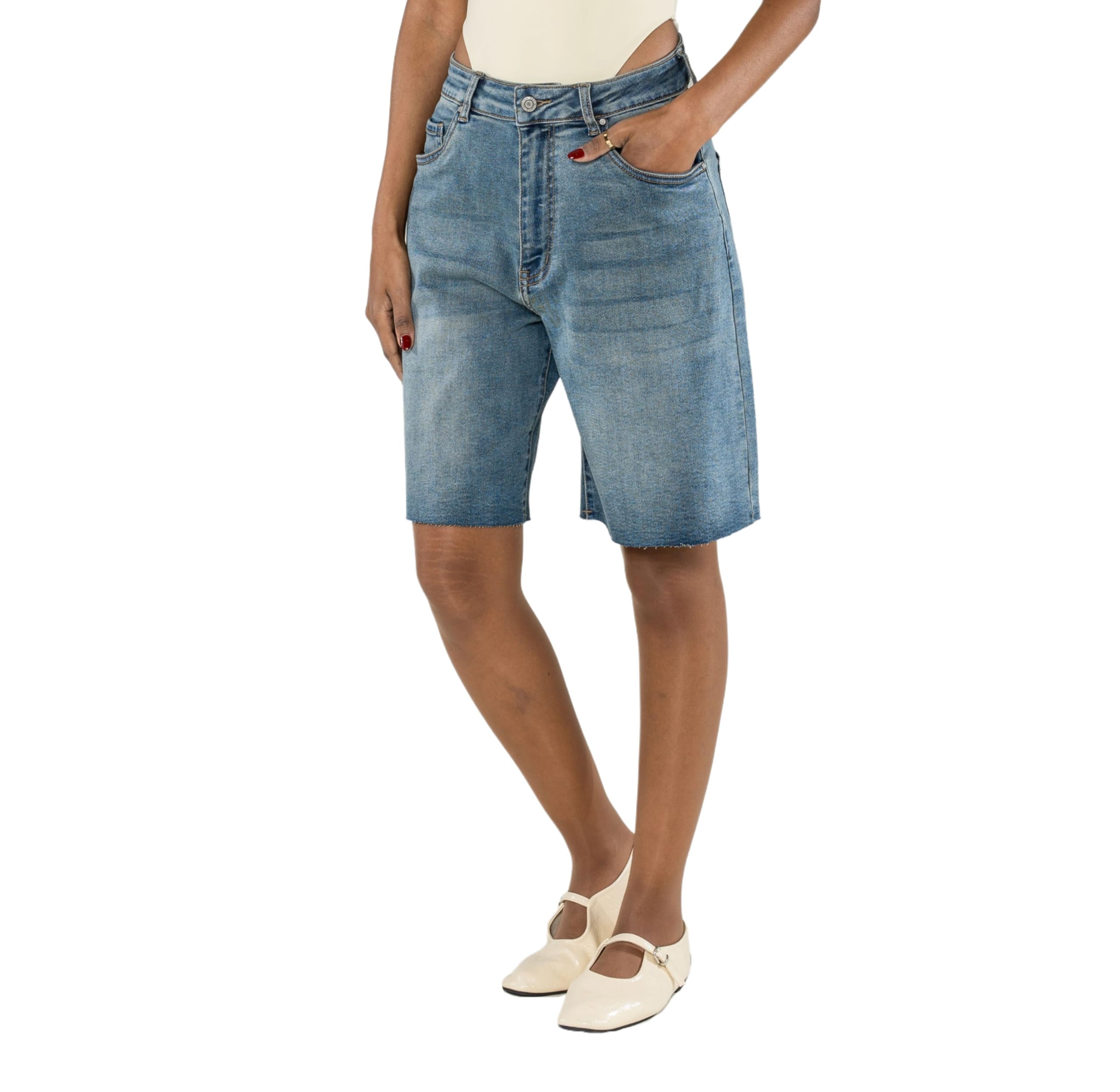 Nina Carter Short en jean pour femme P619 – Bermuda long en denim, coupe ample, ourlet effiloché, short d'été en jean stretch pour femme