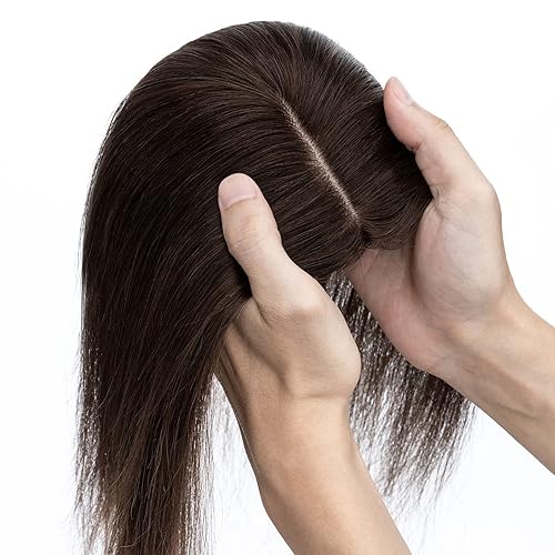Miniatura 6 de S-noilite Toppers para el cabello humano real, sin flequillo, 10 pulgadas, base de seda marrón oscuro #2 con clip para mujeres con cabello delgado,