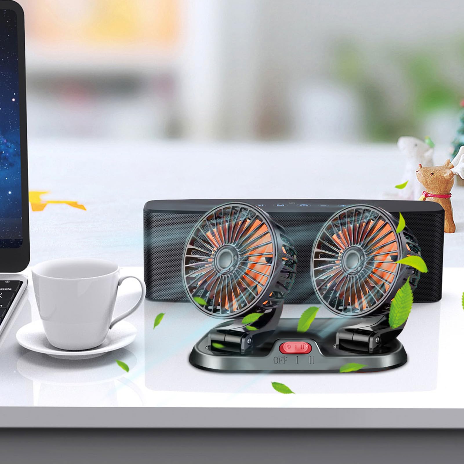 Ventilatore elettrico per auto, ventole rotanti a doppia testa a 360 gradi, ventilatore elettrico del veicolo da 12 V/24 V, ventilatore per auto di raffreddamento USB interno, ventilatore