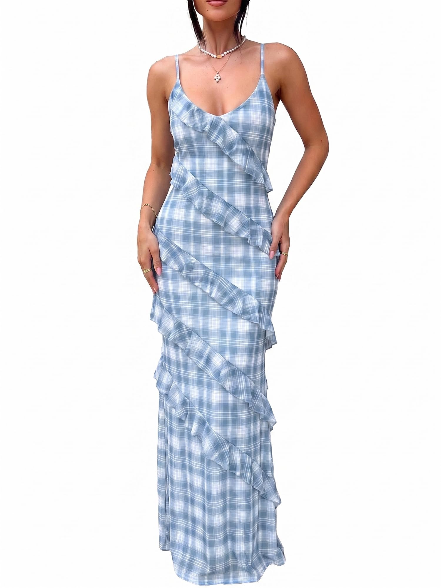 HOCILLE Women's Sexy V Neck Mesh Bodycon Wedding Guest Cocktail Maxi Dress | Sundress Spaghetti Strap Elegant Ruffle Party Long Dresses