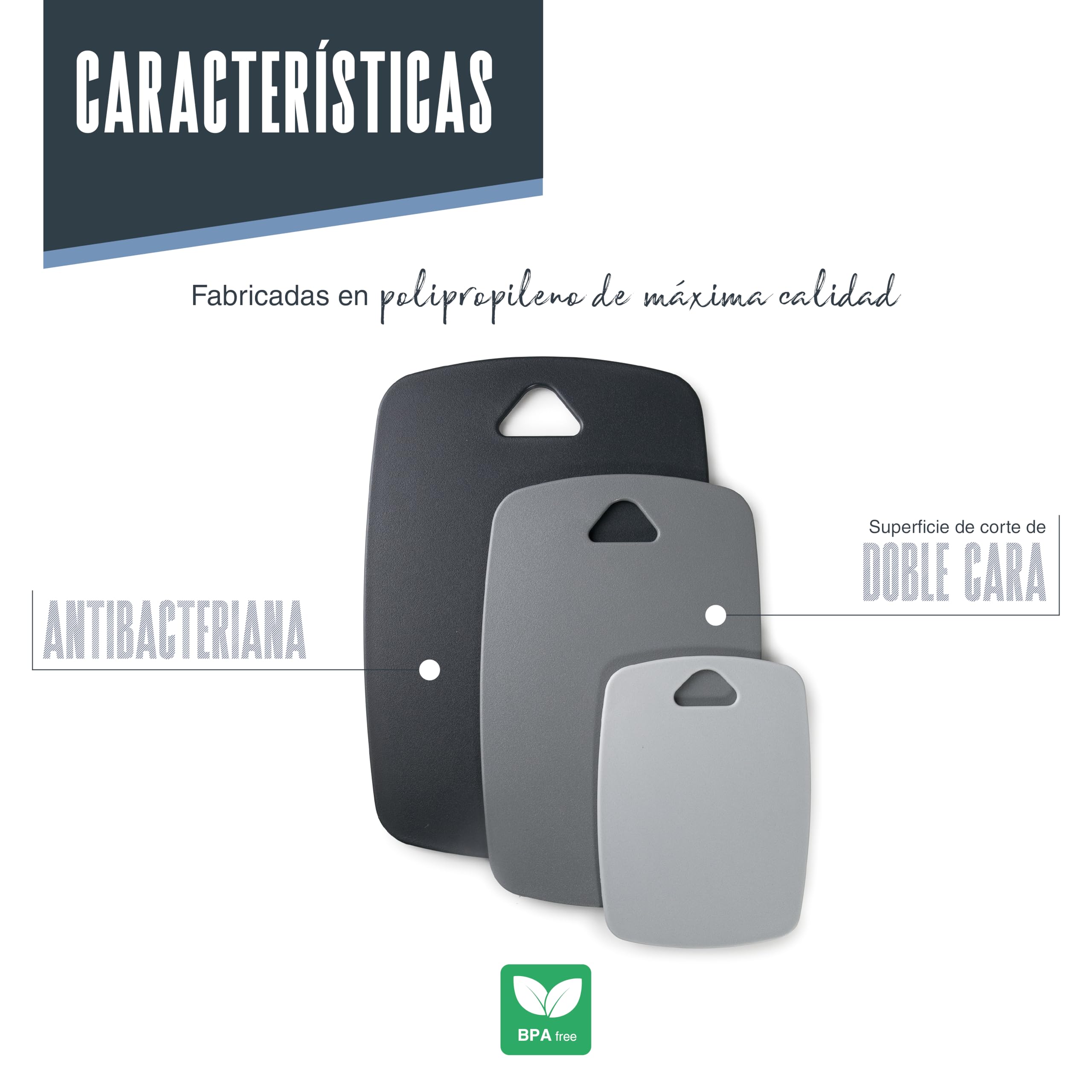 Lacor - 60500 - Set 3 Tablas de Corte a Doble Cara, Polipropileno, Libre de BPA, Ligeras, Resistentes, Aptas para Lavavajillas, Antibacterianas, Higiénicas, 20x15, 30x20 y 35x25 cm
