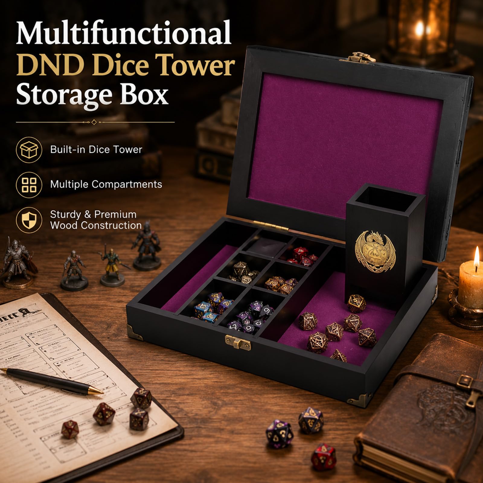 Plateau à dés et tour de rangement – Étui de rangement en bois pour dés – Accessoires de RPG pour jeux de société D&D, cadeaux de joueur (violet)