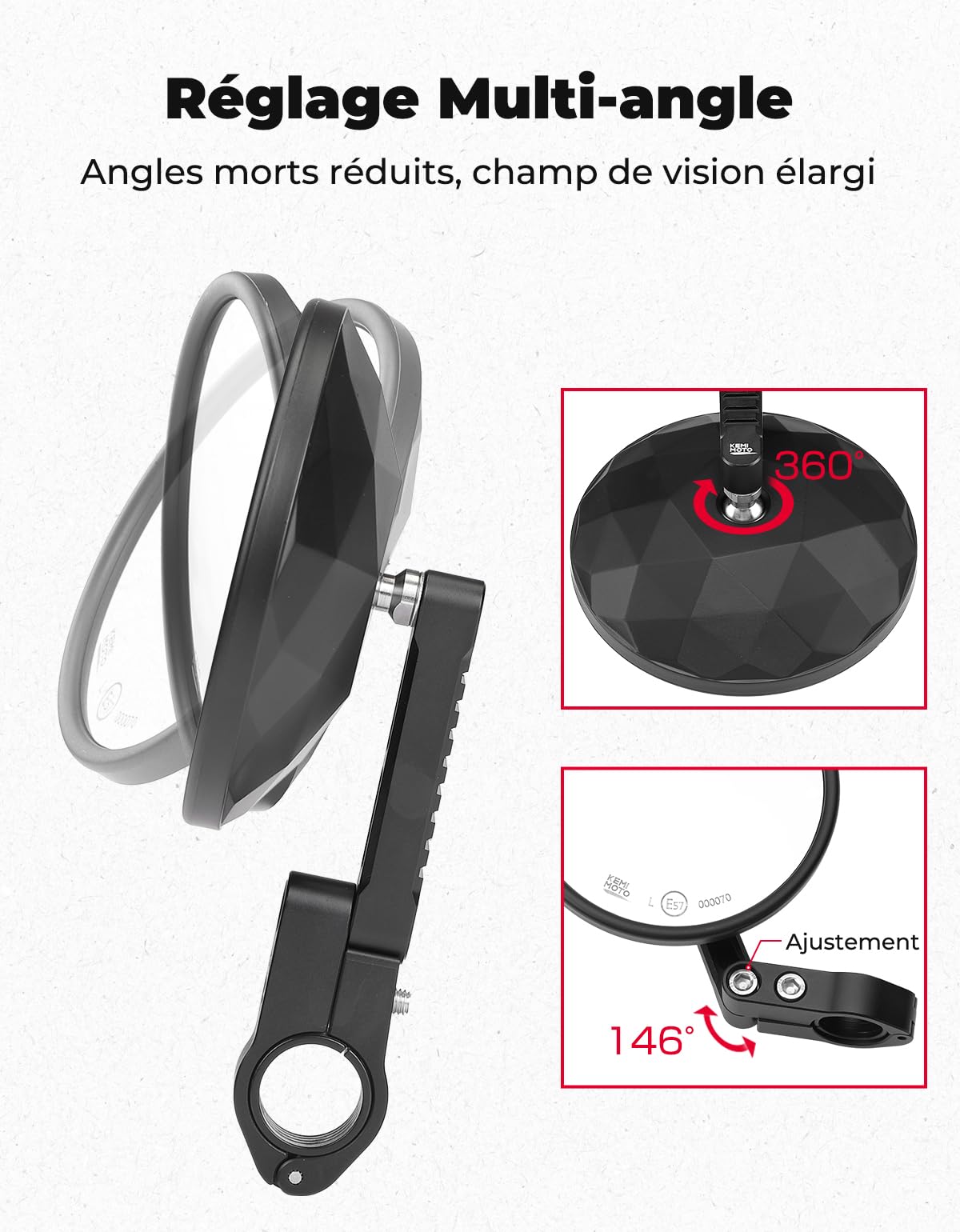 KEMIMOTO CNC Rétroviseurs Moto Homologués E57, Rotatifs à 360°, Rétroviseurs de Guidon Ronds, Compatibles avec la Plupart des Motos, VTT et Scooters (2 pièces)