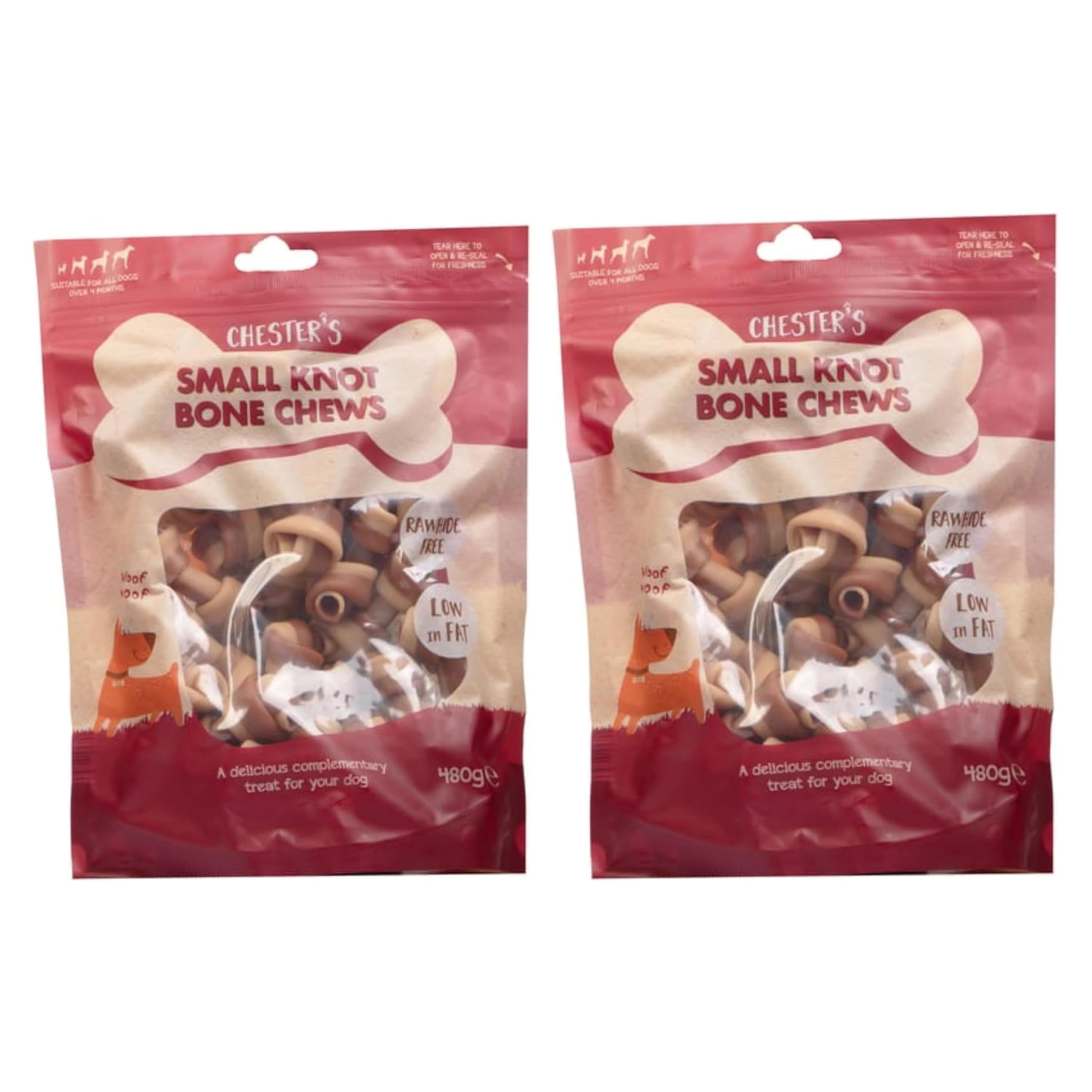 Chesters Small Knot Bone Chews for Dogs 480g | Rawhide-Free Dog Chews | Low Fat Natural Treats | Safe Digestible Bones for Small & Medium Dogs | Dental Support | Over 4 Months - Pack of 2