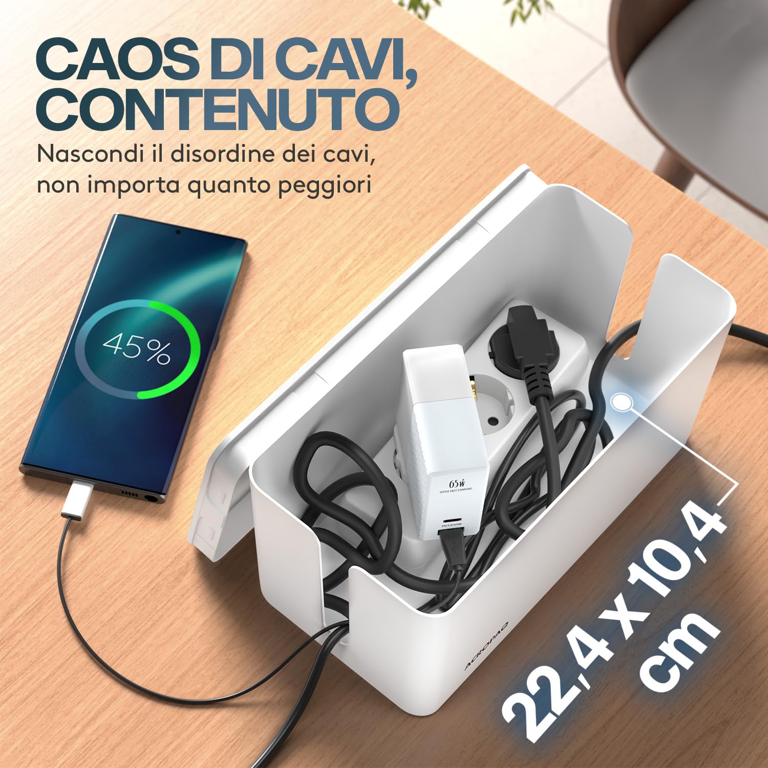 ACROPAQ Scatola Porta Cavi - Piccolo (23,5 x 12 x 11,5 cm), Scatola per nascondere cavi e ciabatte, Plastica, Bianco - Cable box, Cable management box