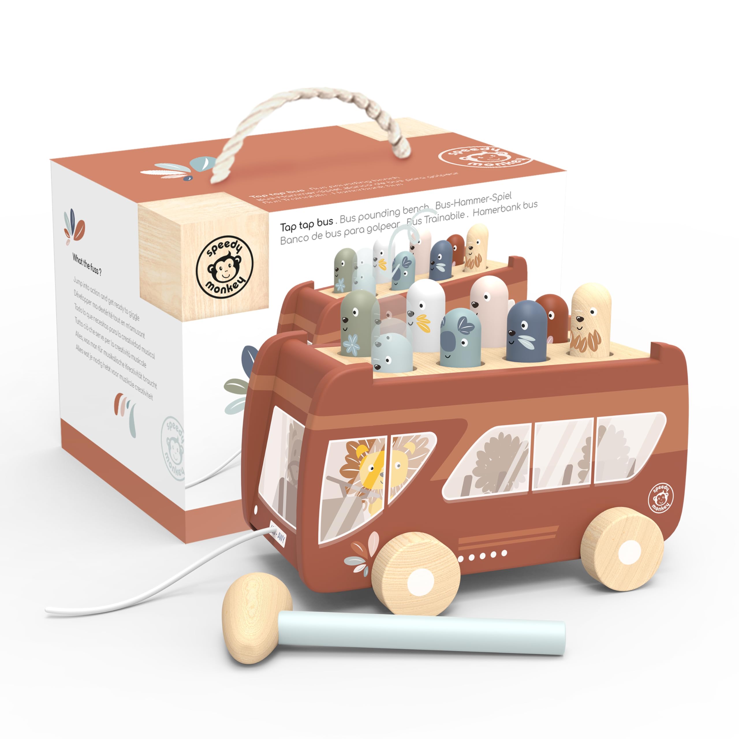 Speedy Monkey Bus Pounding Bench, Pull-Along Bus with Hammering Activity, 8 Wooden Characters, Enhances Hand-Eye Coordination, Safe Design, Non-Toxic Paint, Educational Toy for Kids 2-5 Years