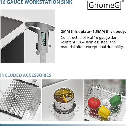 Miniatura 3 de Fregadero de cocina de 33 x 19 pulgadas, fregadero profundo de acero inoxidable de calibre 16 bajo encimera, con esquinas redondas R10