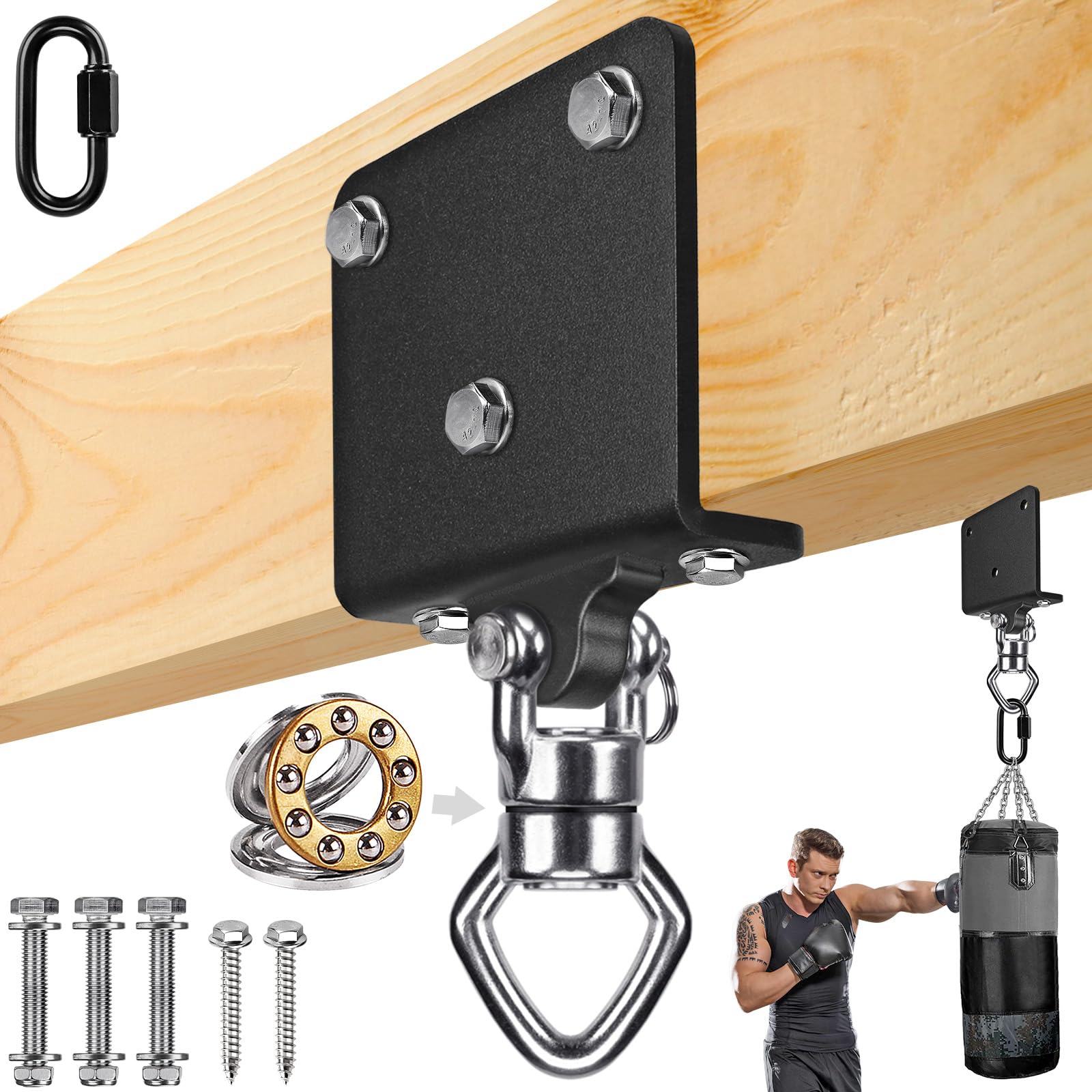 SELEWARE Wood Beam Punching Bag Hanger Heavy Duty Boxing Bag Hanger with Bearings Swivel and Carabiner, 360° Rotation Heavy Bag Hanger Wall Ceiling Mount Wood Beam Hook for Boxing Muay Thai Training
