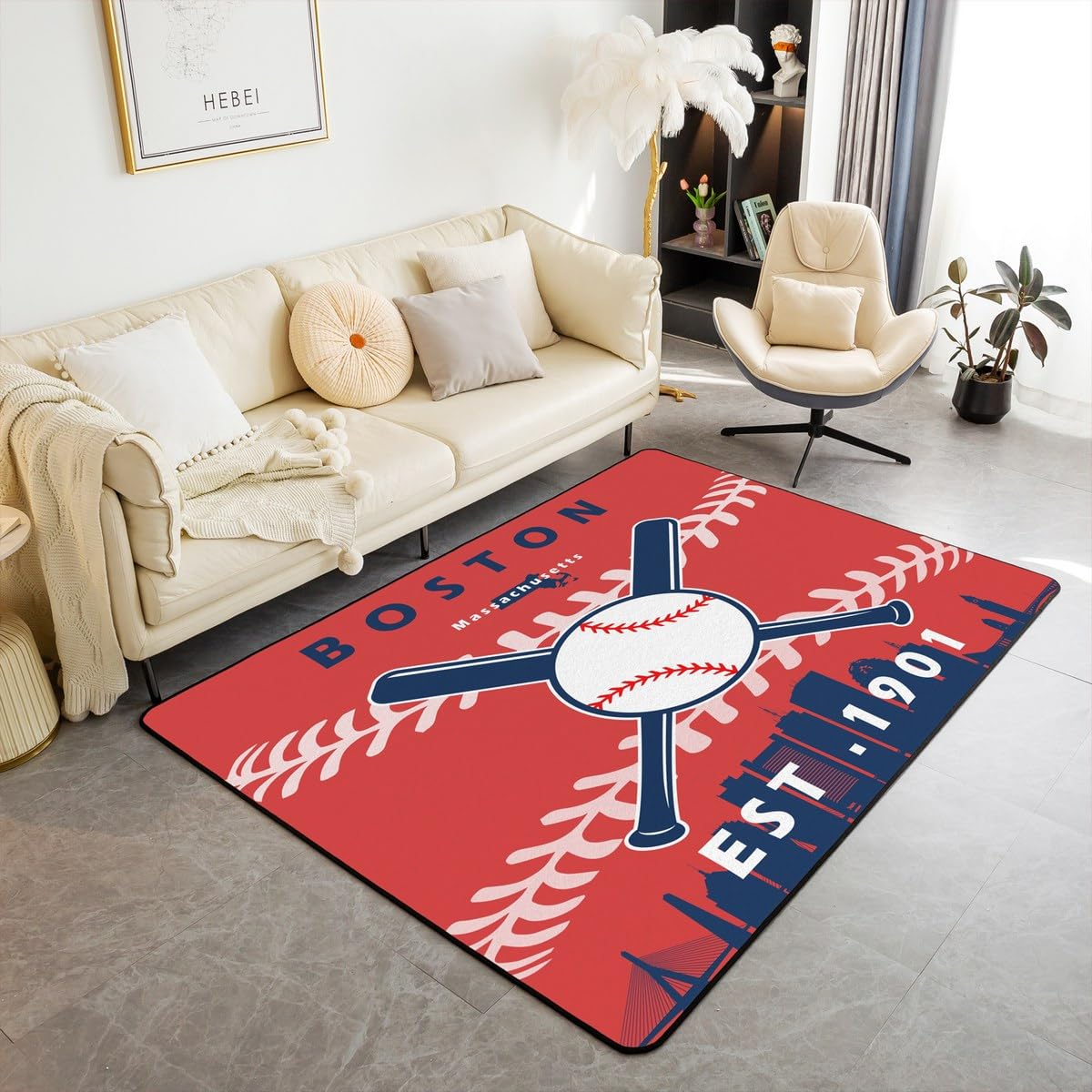 Erosebridal Baseball Area Rug for Boys,Kids Softball Rug 3x5,Red Black Baseball Player Living Room Rug,Sports Game Accent Rug Set for Bedside
