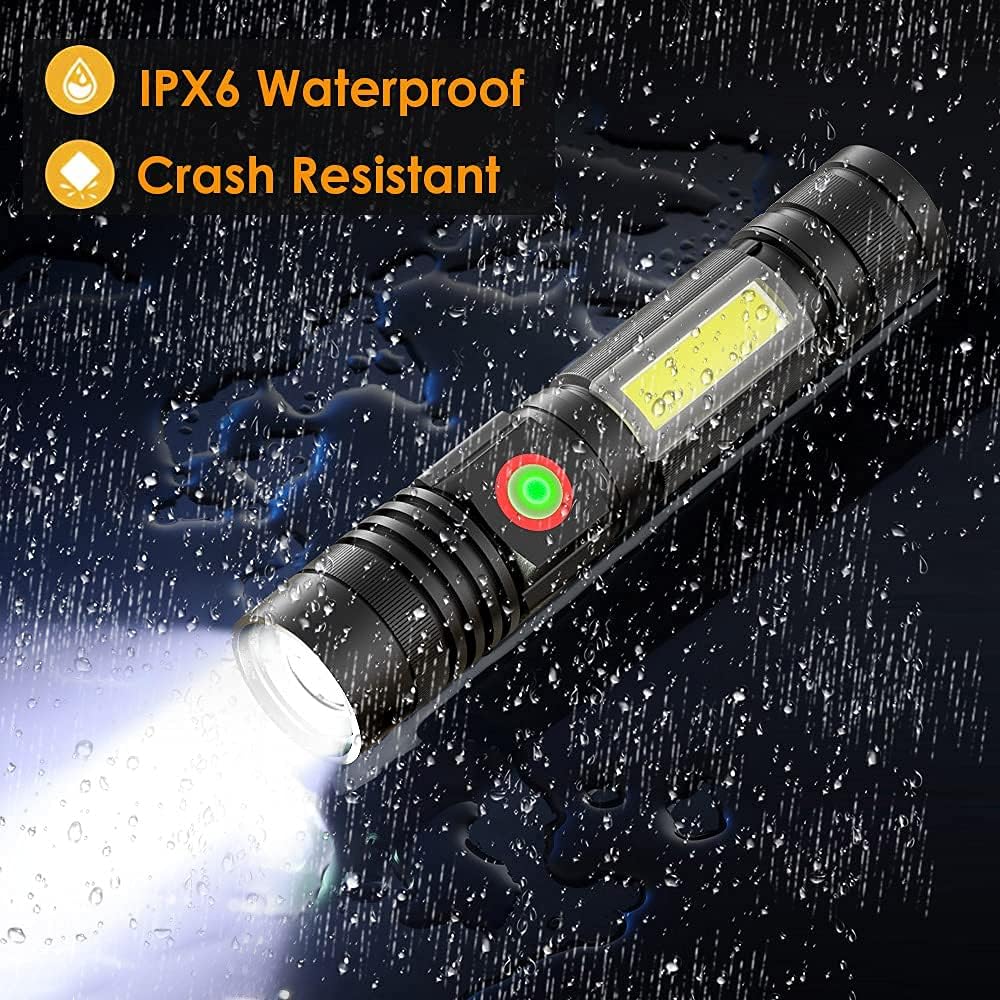 USB Rechargebale Flashlight, Magnetic Pocket Flashlights with Clip, Super Bright 1200 Lumens COB Work Light LED Torch, Zoomable, Water Resistant, 4 Modes for Camping Hiking 2 Pack - - 