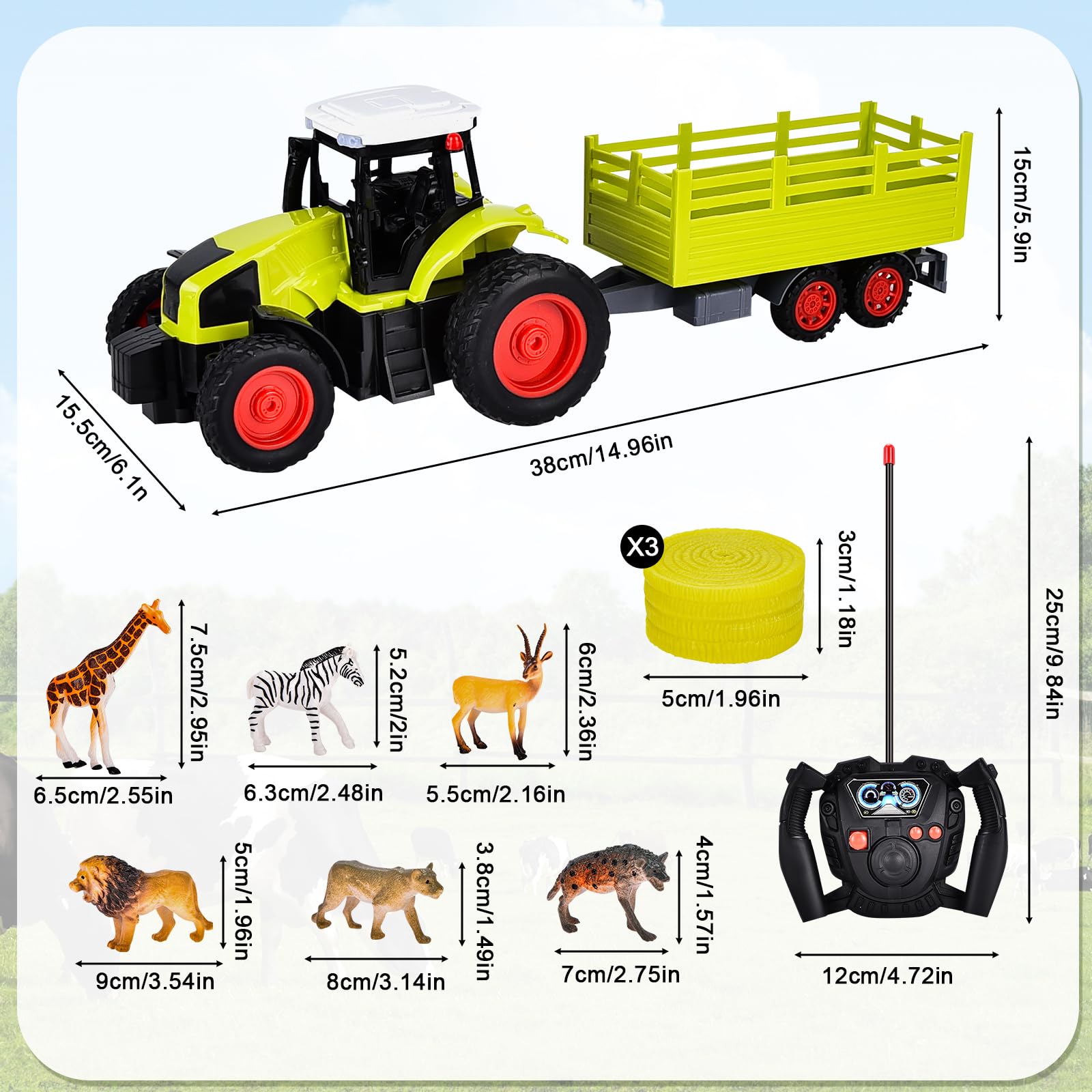 Aragallant RC Trattore Telecomandato per Bambini Con Rimorchio Animale Pagliaio, Radiocomandato Giocattoli Agricoltura Playset 3-8 Anni