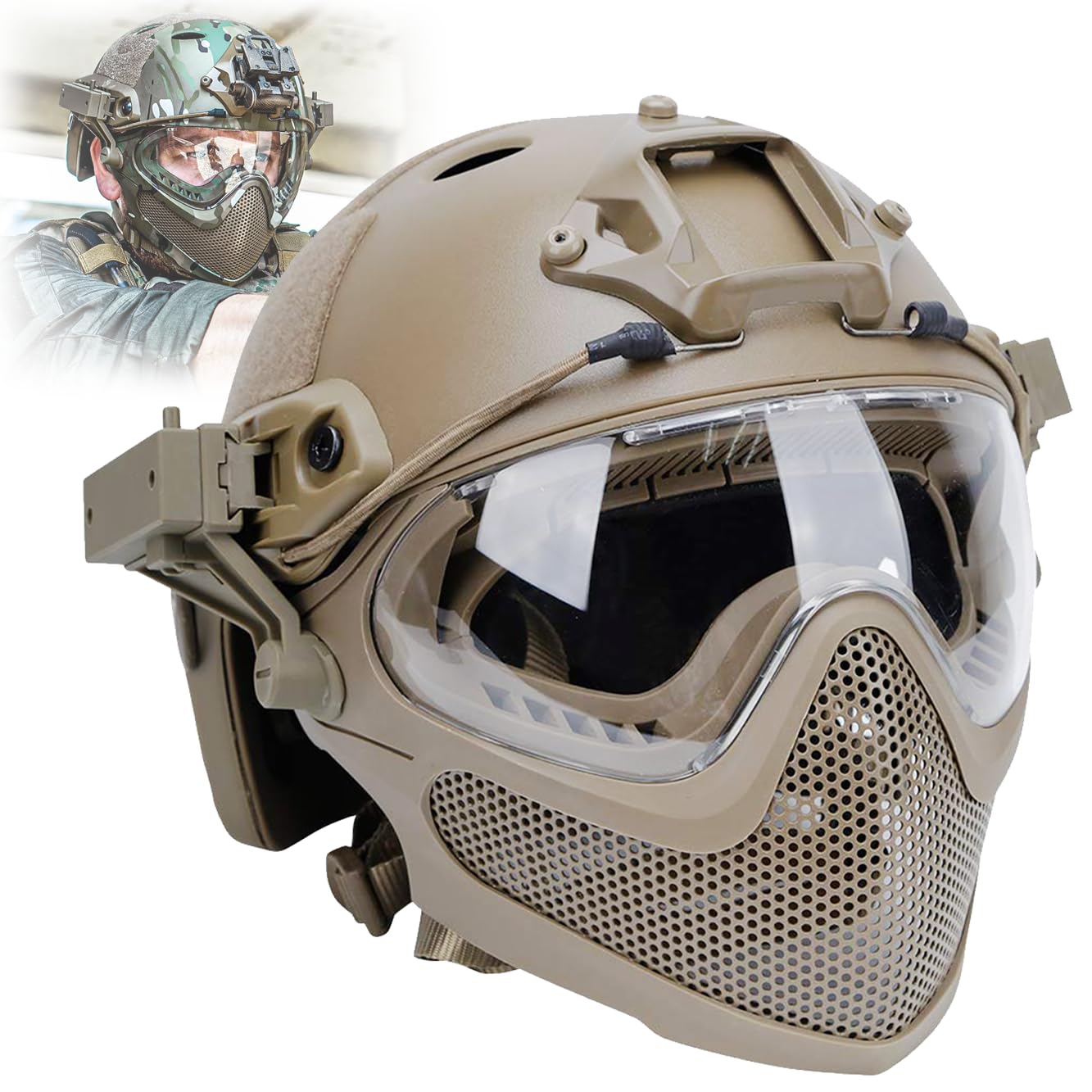Fast Airsoft Tactical Helmet Set,With Full Face Protection Steel Mesh Mask Goggles,For Paintball Hunting Shooting Cs CQB Military Game Cosplay