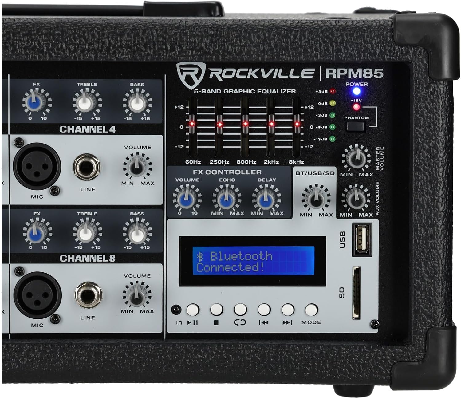 Rockville RPM85 2400W Powered 8 Channel Mixer, Bluetooth, USB/SD, 5 Band EQ, Adjustable Echo/Delay, +15V Phantom Power, for Live Music and Events - Image 6