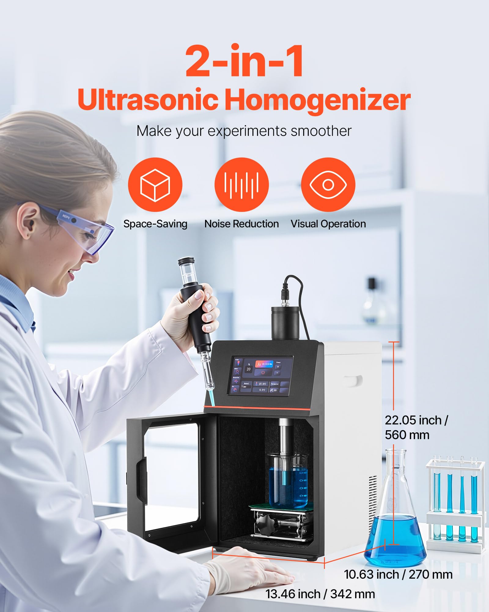 VEVOR 2 in 1 Ultrasonic Homogenizer, 2000W Power, 20KHz Frequency, 0.79 inch Titanium Alloy Probe, Continuous, Timer and Pulse Three Modes, Noise Reduction, Sonicator Processor Cell Disruptor Mixer
