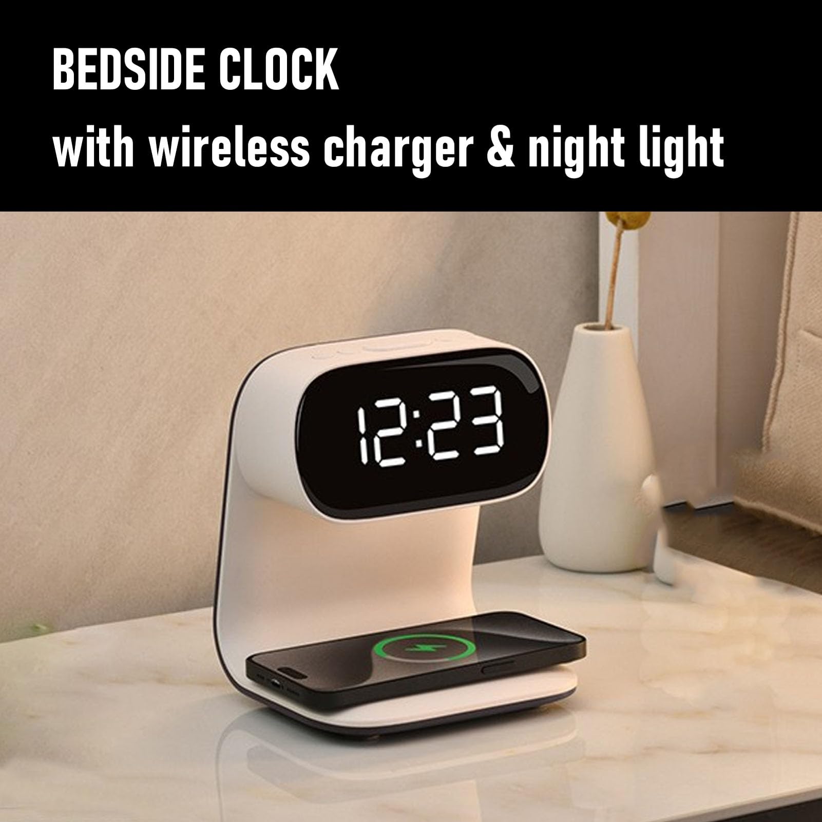 Stazione di Ricarica Wireless con Orologio Sveglia Digitale da 15 W Touch Smart Lamp Luce Notturna a 3 Colori per Camera da Letto dei Padri, Plastica